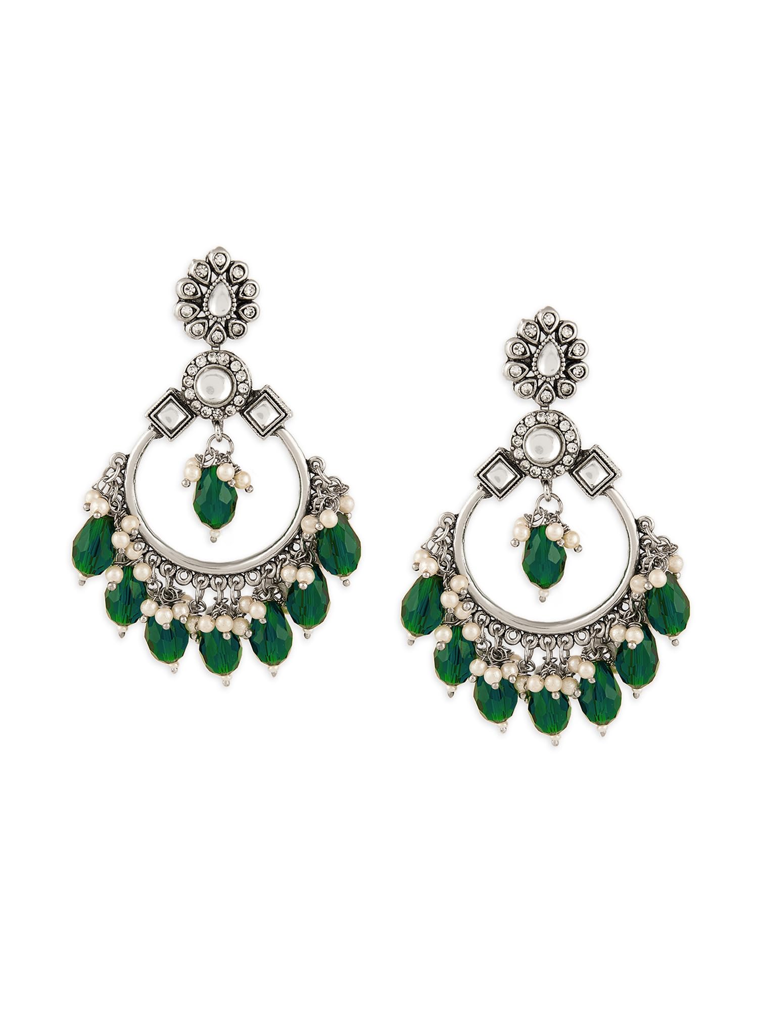 Zaveri Pearls Green Beads Drop Antique Silver Plated Dazzling Stones Embellished Dangle Earring For WomenZpfk18377