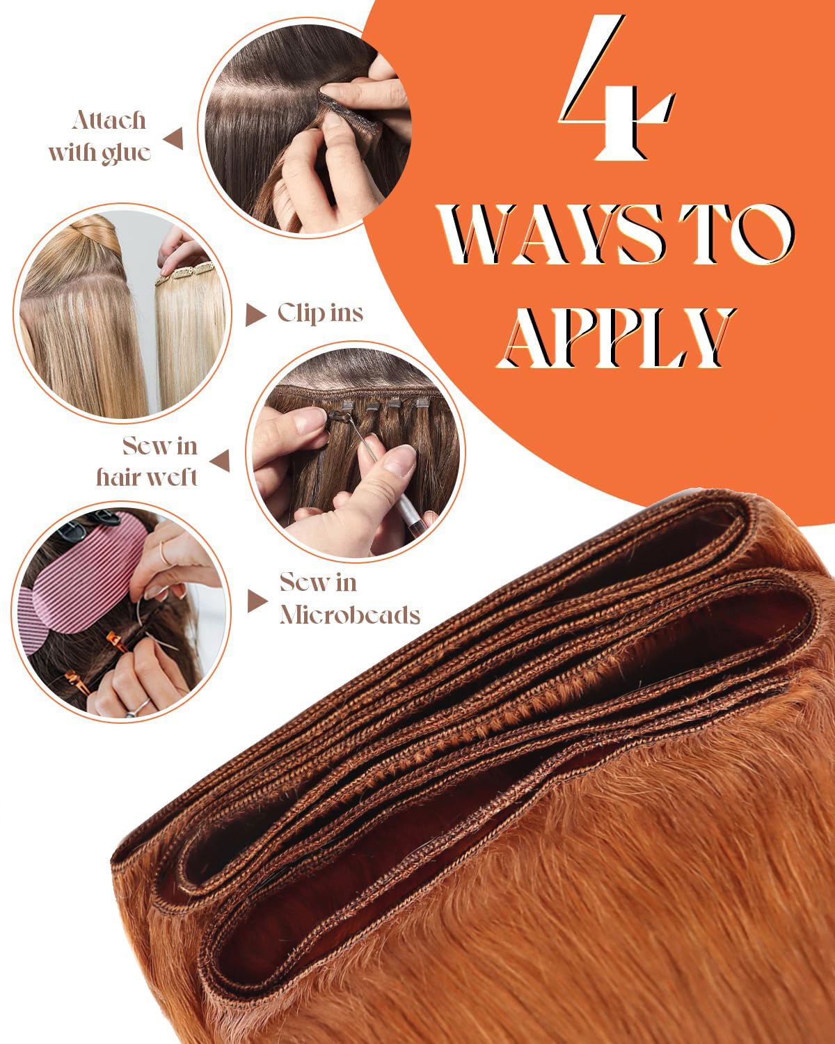 Sunny Hair Weft Hair Extensions Human Hair Light Copper Sew in Extensions Real Human Hair Color Copper Brown Human Hair Weft Ext
