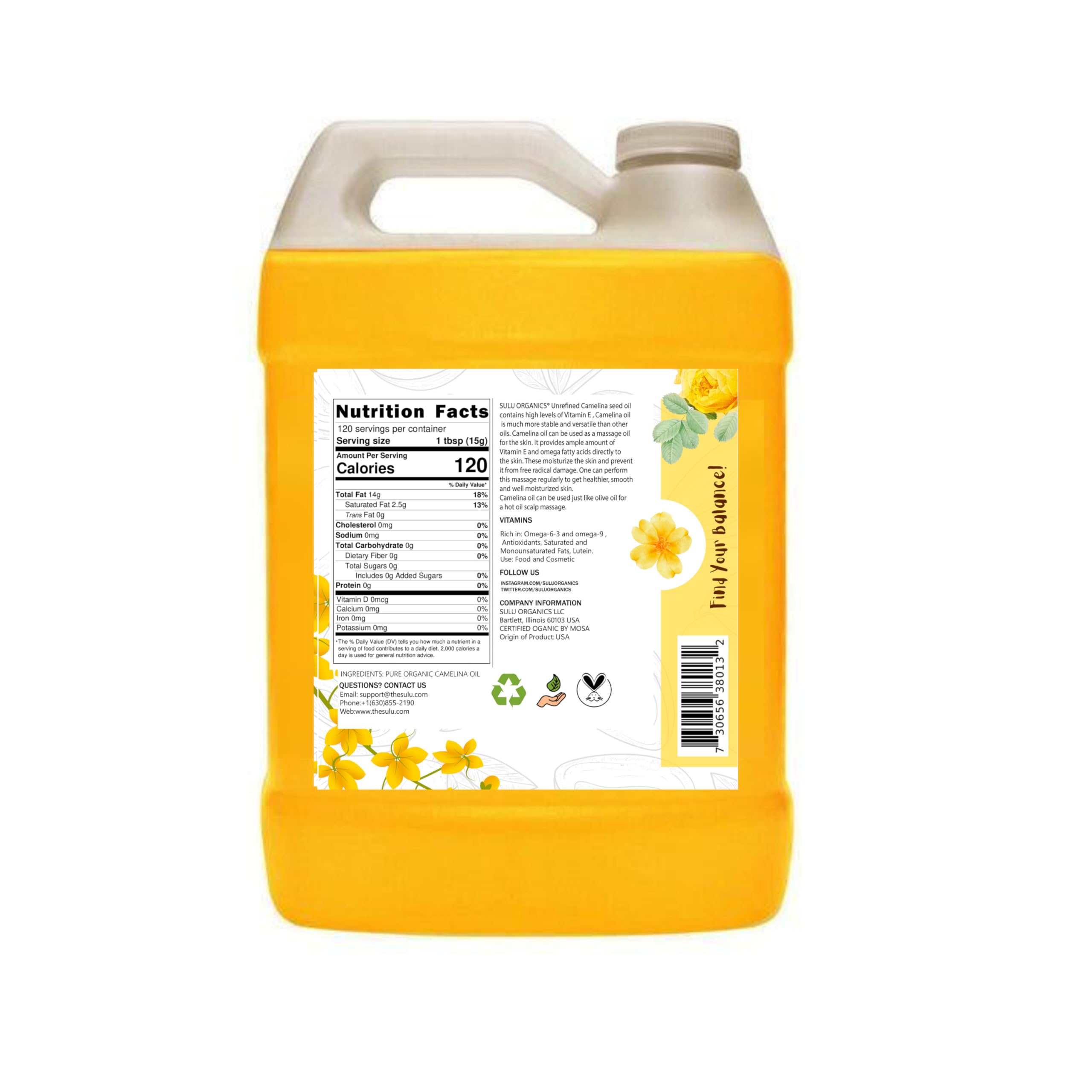 100% Pure Extra Virgin Unrefined Cold Pressed Camelina Seed Oil (64 oz)