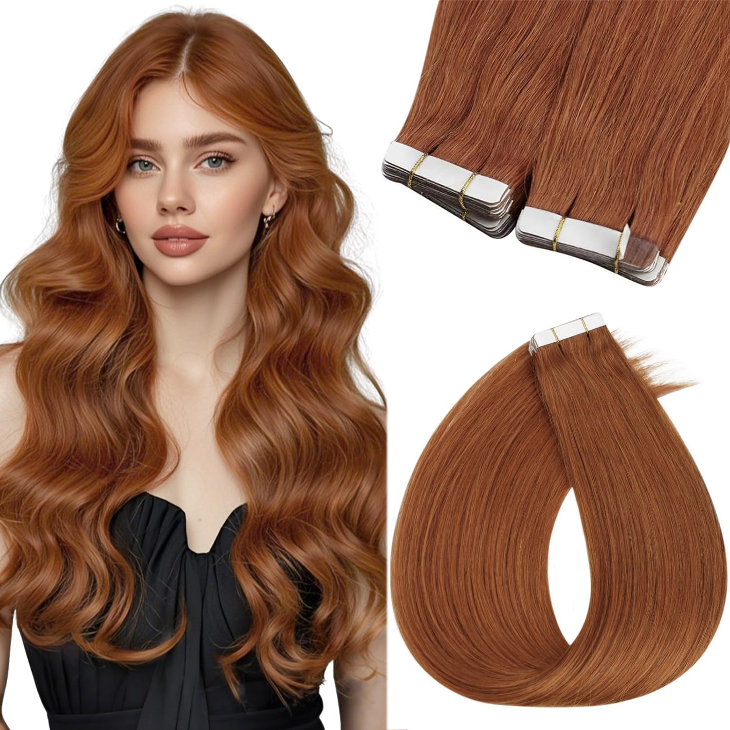 Sunny Hair Tape in Hair Extensions Real Human Hair Invisible Remy Hair Extensions Tape ins for Women Copper Red 20 inch 20Pcs 50
