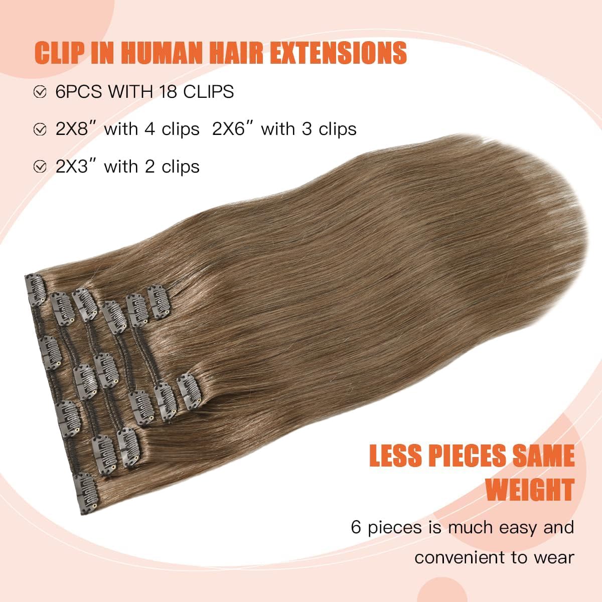 UGOTRAYS Ash Brown Clip in Hair Extensions Real Human Hair, 70G Remy Human Hair Clip in Extensions 22 Inches Soft Silky Straight