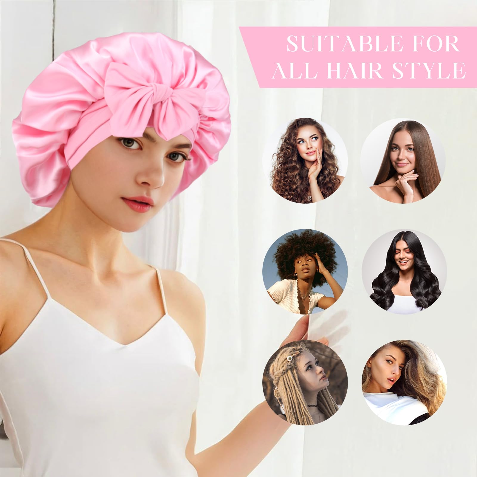 XRACEPHOL Silk Bonnet for Women - Double Layer Satin, Adjustable Tie Band, Size 6-6 1/8, Pink