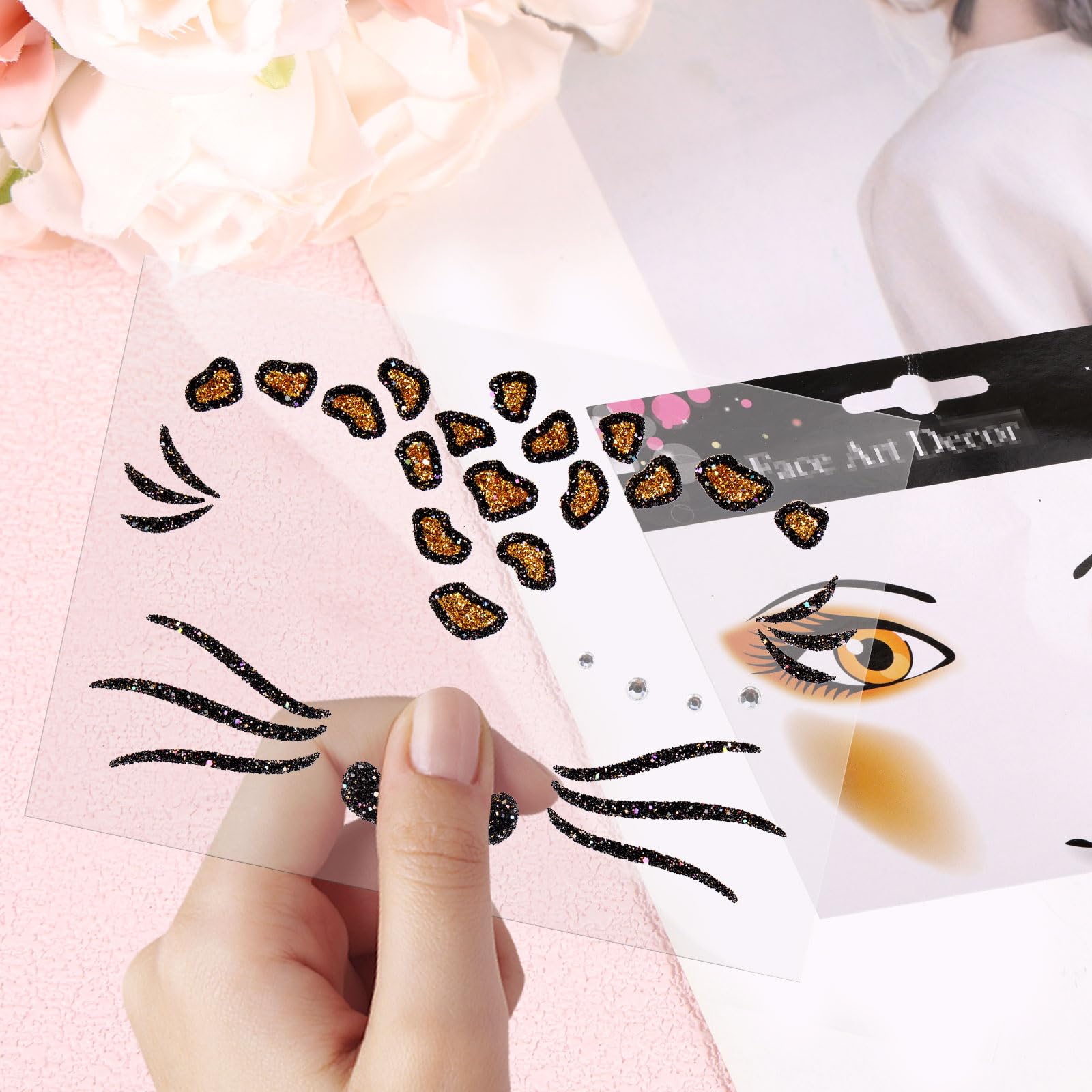 Leopard Print Temporary Tattoos, Self-Adhesive Leopard Face Jewels Cheetah Face Stickers for Halloween Costume Party Accessories