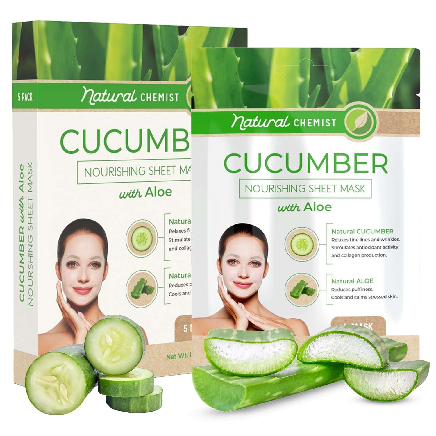 Natural Chemist Cucumber & Aloe Sheet Face Mask - Cools & Calms Stressed Skin, Reduces Puffiness, Moisturizing & Nourishing Shee