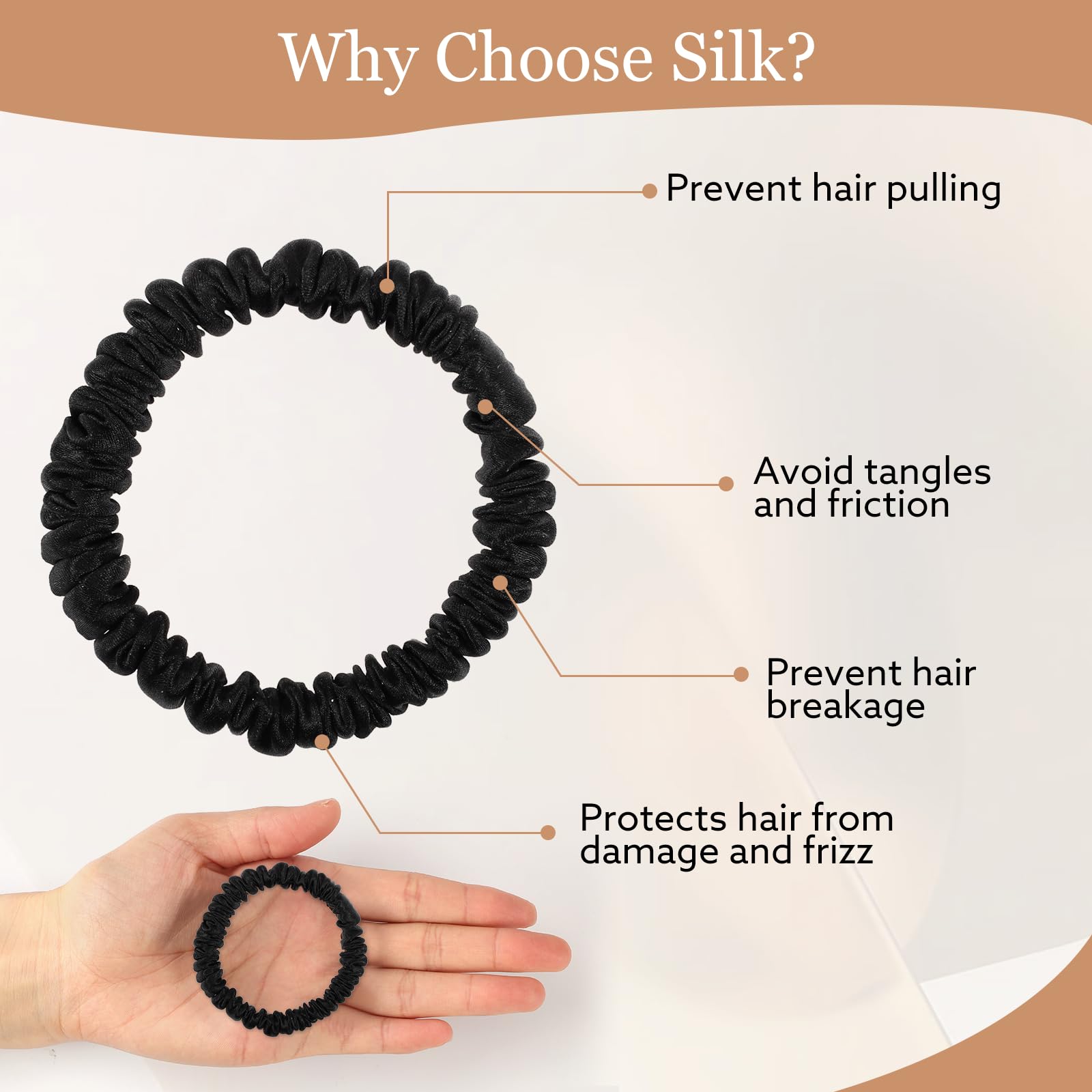 5 Pcs Silk Hair Ties, 100% Pure Mulberry Silk Hair Scrunchies Black Skinny Scrunchies Silk Ponytail Holders For Women Girls