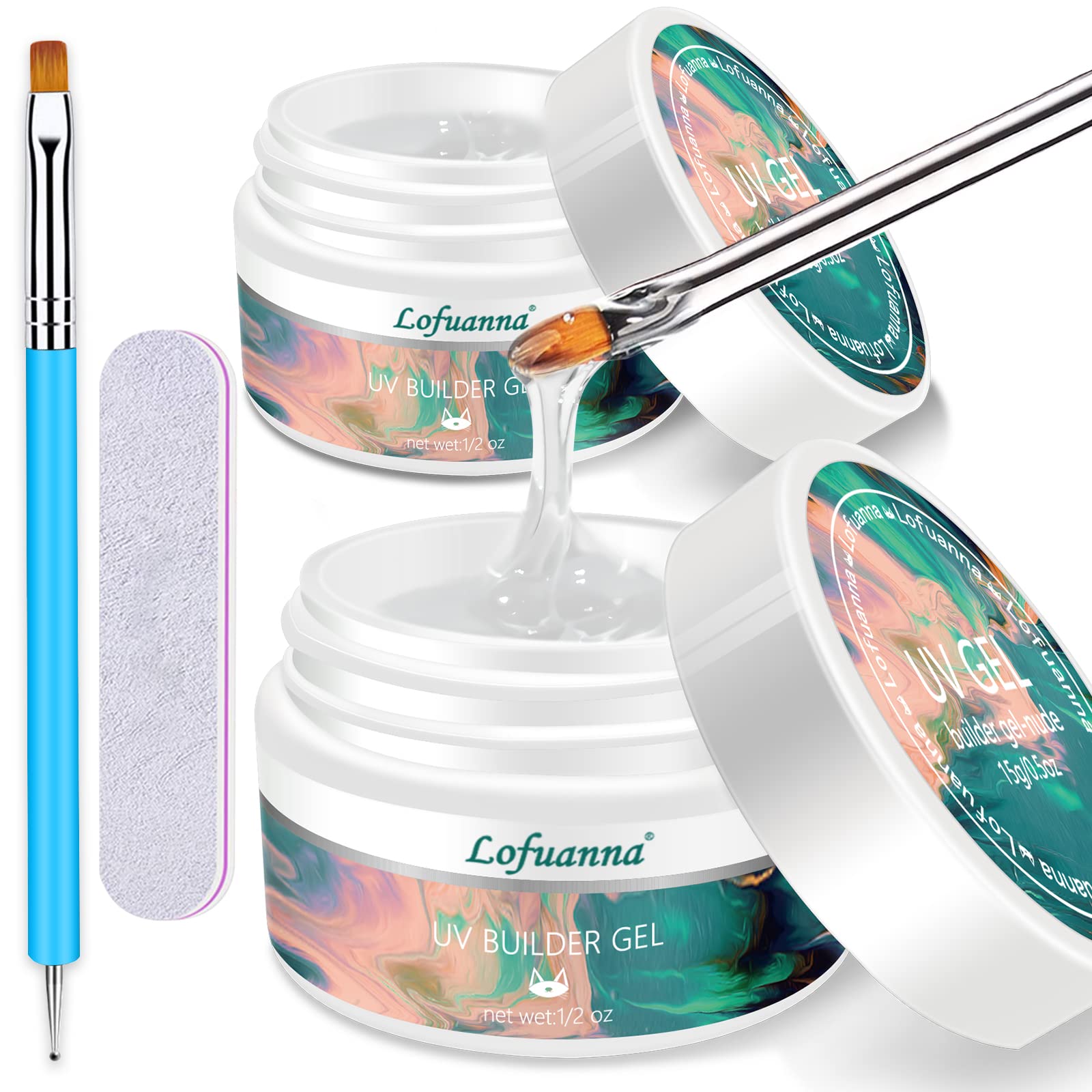 Builder Gel Lofuanna 2PCS LED/UV Clear Gel Builder For Nails Self-Leveling Formula Builder Gel with Nail Art Brush Nail File for