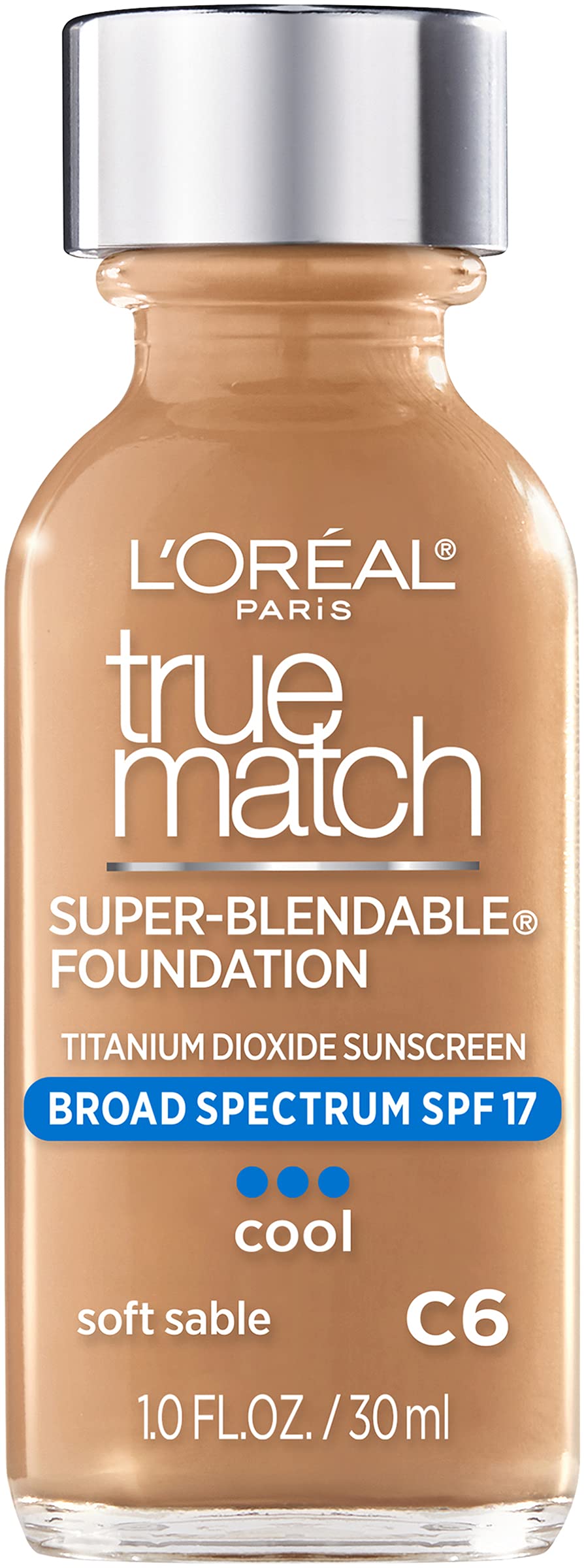 L'Oreal Paris Makeup True Match Super-Blendable Liquid Foundation, Soft Sable C6, 1 Fl Oz,1 Count