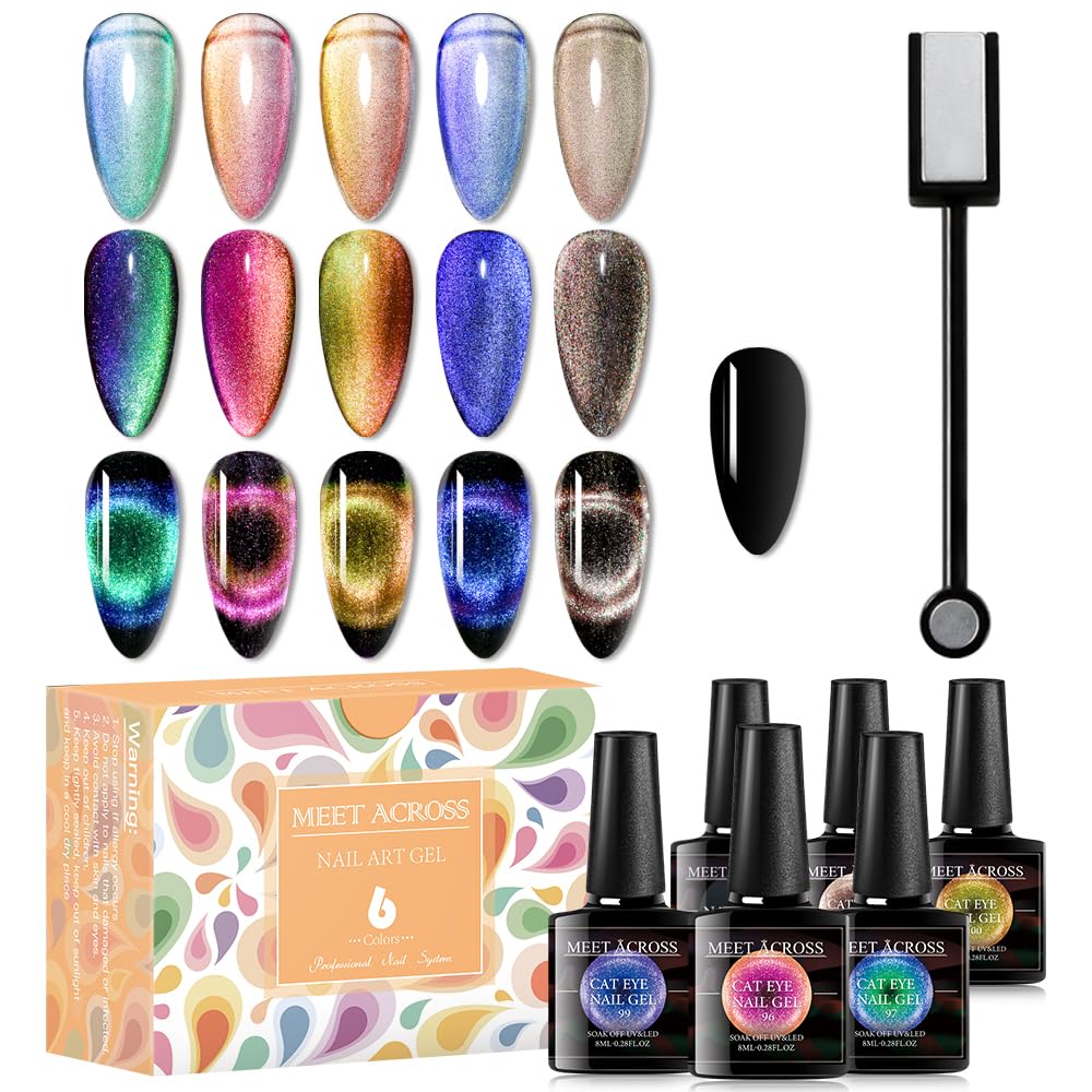 Meet Across 9D Cat Eye Gel Nail Polish Set Soak Off Uv Led Light Starry Sky Effect Magnetic Gel Nail Polish Kit Manicure Nail Ar