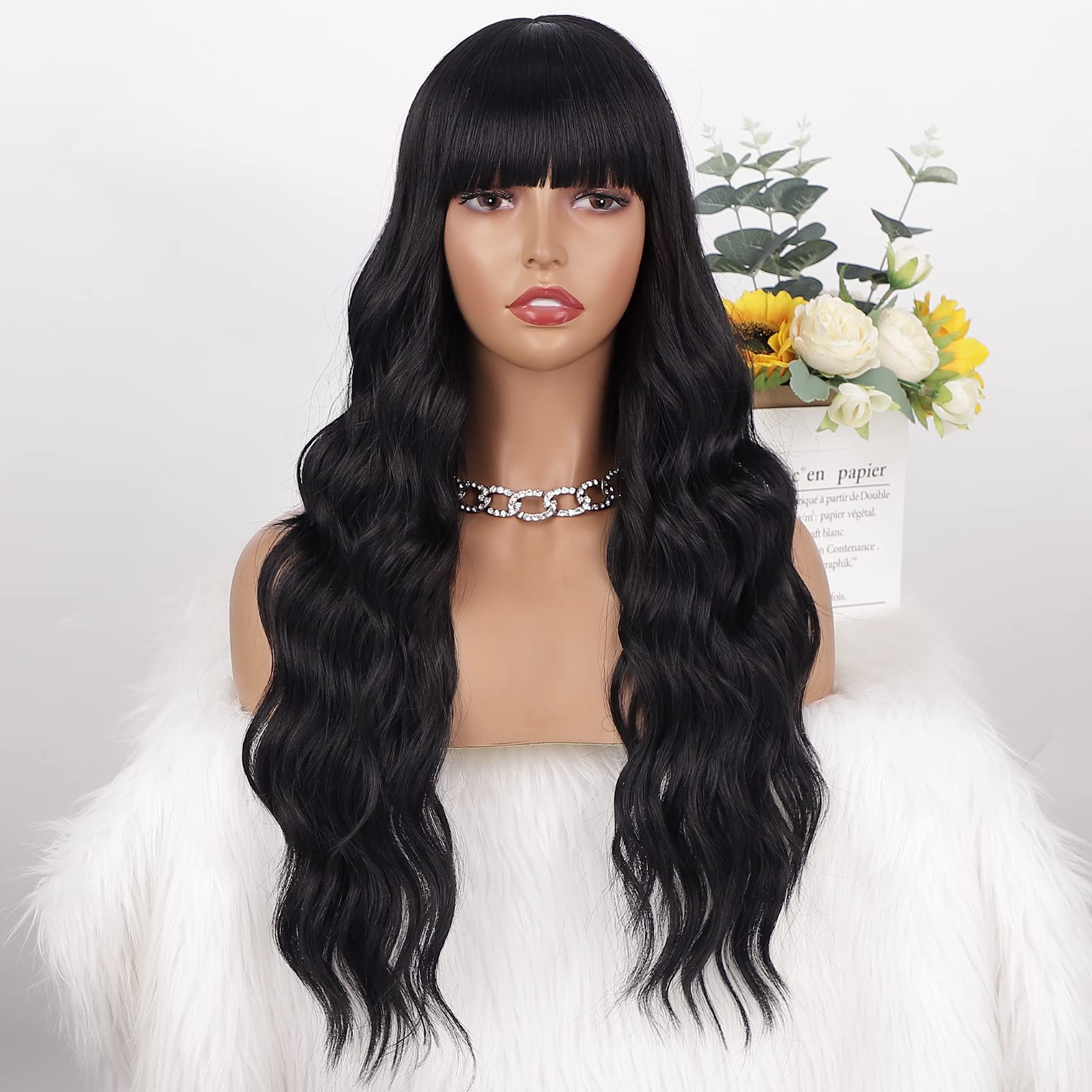 Aisi Queens Black Wig With Bangs, Long Black Wavy Wigs For Women Synthetic Wigs Natural Black Curly Hair Wig For Girls Daily Par