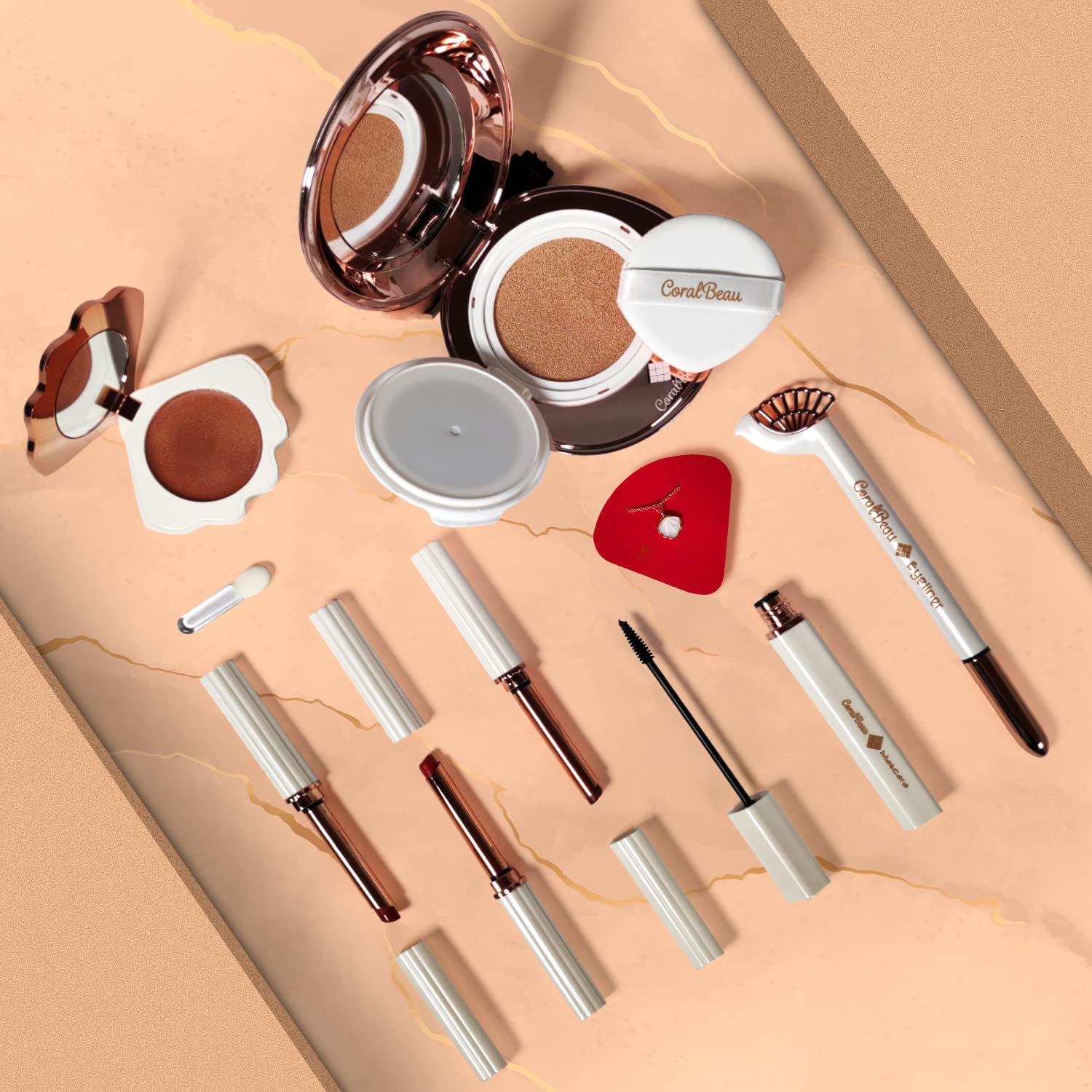 Coralbeau Shell Makeup Set - All In One Makeup Kit For Women With Compact Bb Cream Powder, Eyeshadow Palette With Brown Shades,