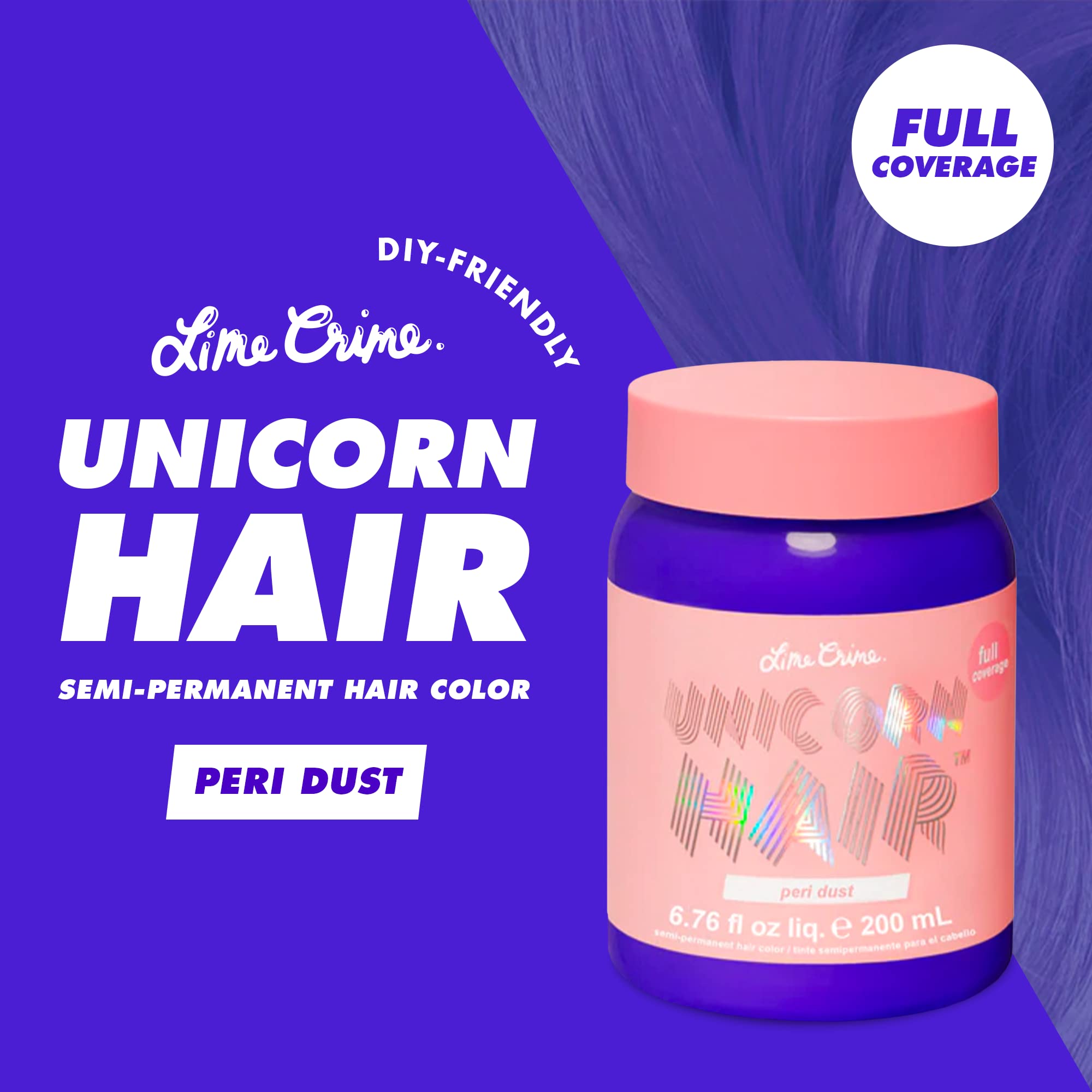 Lime Crime Full Coverage Unicorn Hair Dye, Peri Dust - Damage-Free Semi-Permanent Hair Color Conditions & Moisturizes - Temporar