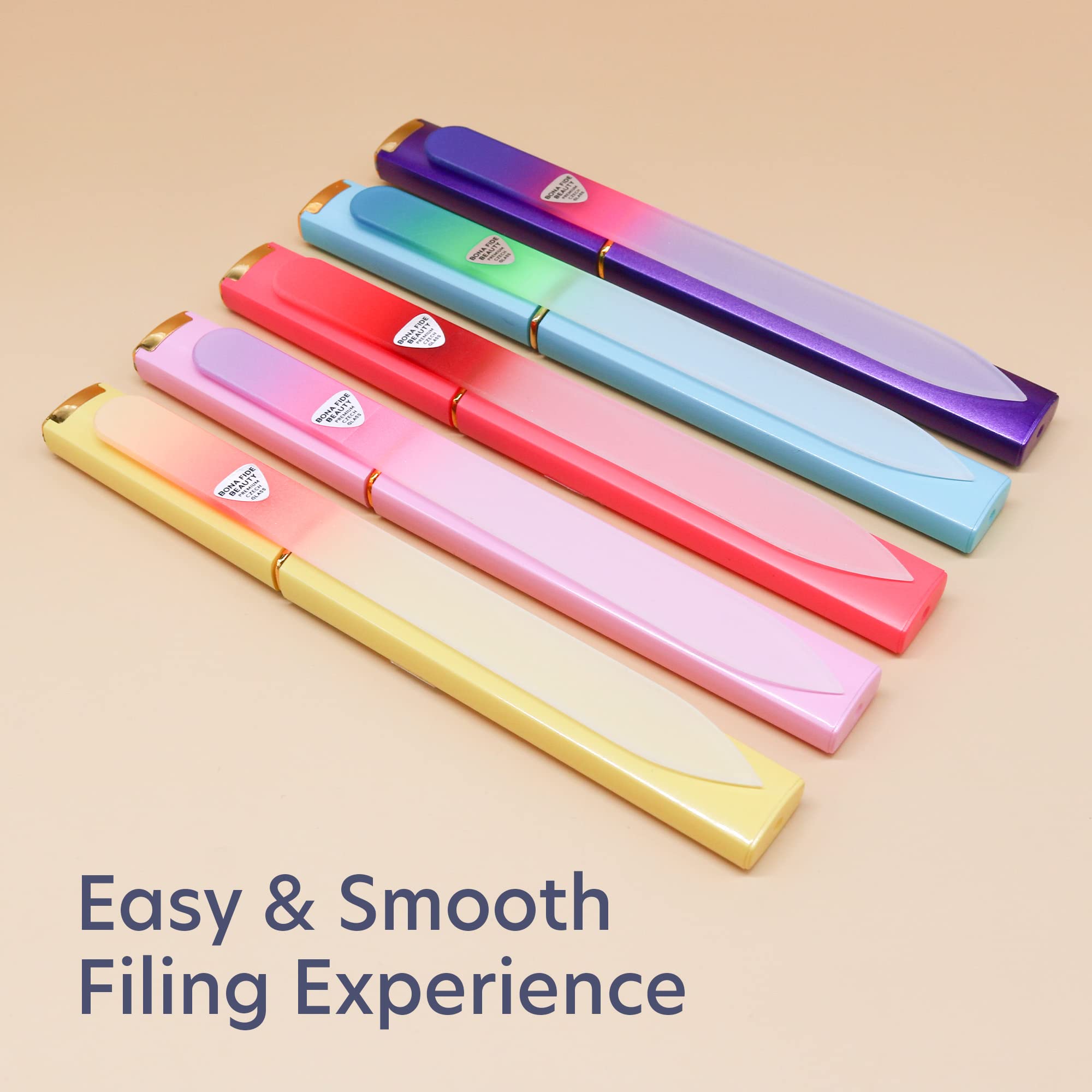Bona Fide Beauty Czech Glass Nail File Set With Hard Cases, 5 Piece Professional Manicure Glass Fingernail Files