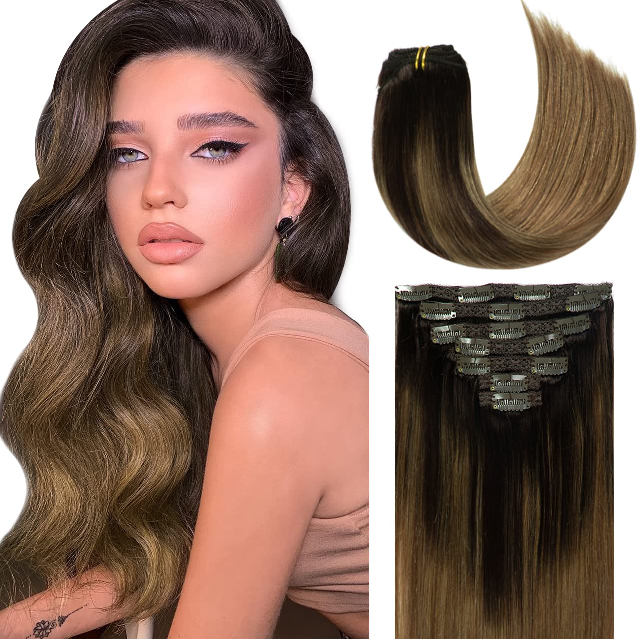 Lacer Clip in Hair Extensions Human Hair Ombre Darkest Brown #2 to Chestnut Brown #6 Real Hair Extensions Clip in Human Hair Str