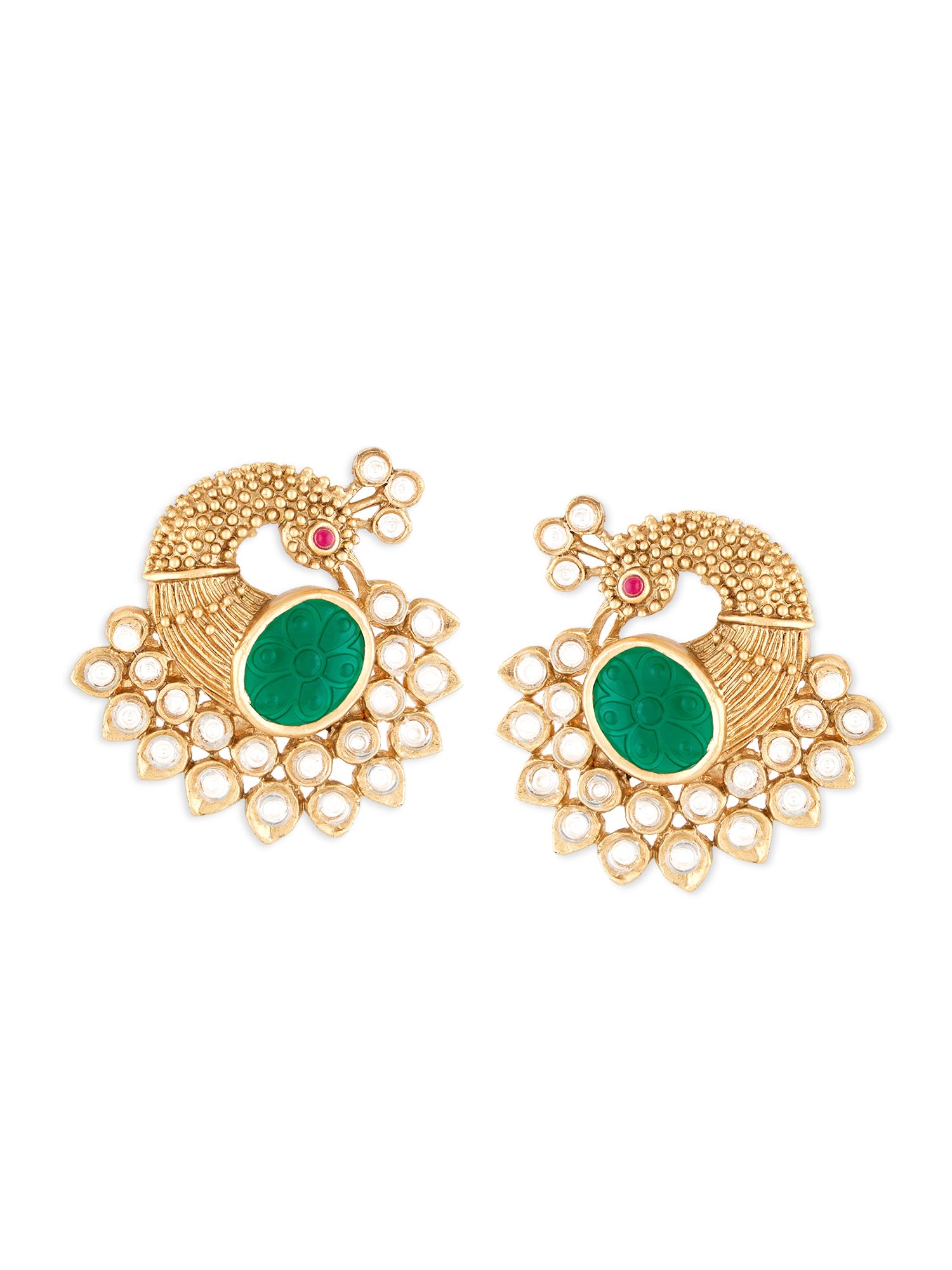 Zaveri Pearls Green Pink Stones Embellished Peacock Inspired Studs Earring For WomenZpfk18905