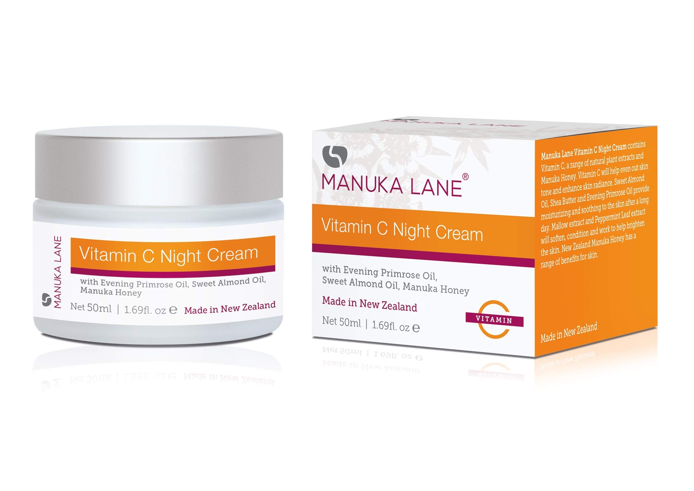 Vitamin C Night Cream for Face and Neck with Evening Primrose Oil, Manuka Honey & Sweet Almond Oil | Plant Based Formula | Caref