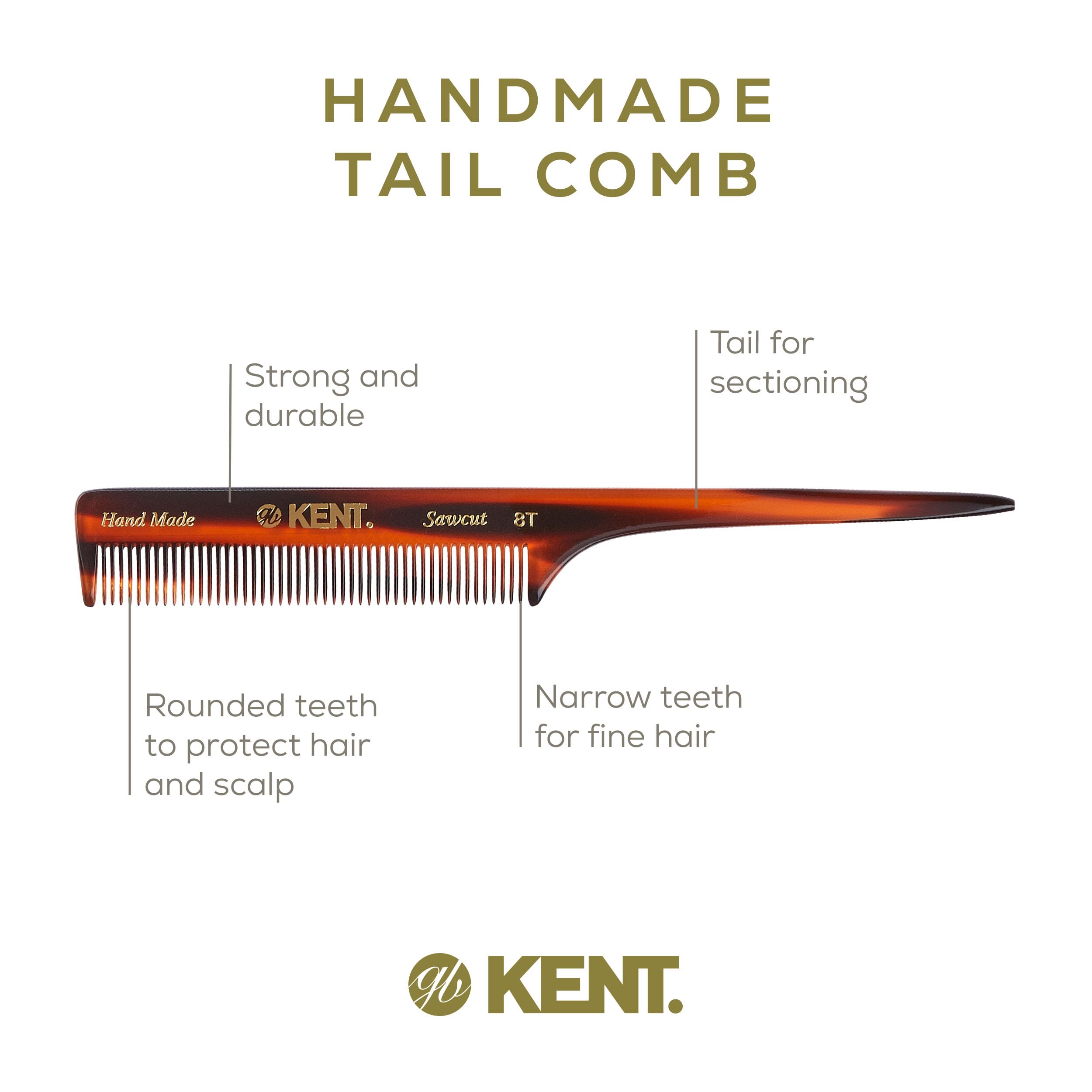 Kent 8T Rat Tail Combs Teasing Comb For Hair Styling And Sectioning, Handmade Fine Tooth Comb Parting Combs For Braiding Hair An
