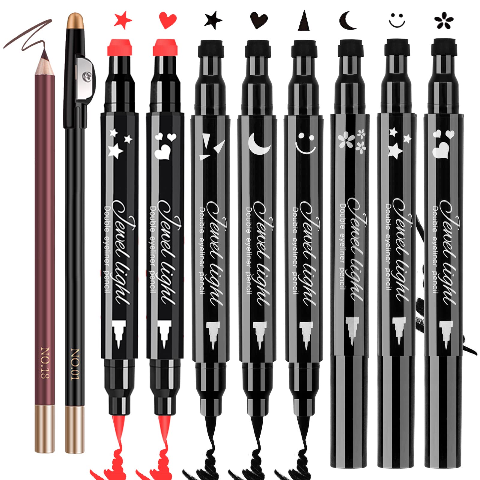 10 Pack Liquid Eyeliner Stamp Set With 8Pcs Eyeliner Stamp And 2Pcs Eyebrow Pencil, Waterproof Smudgeproof Eyeliner Long Lasting