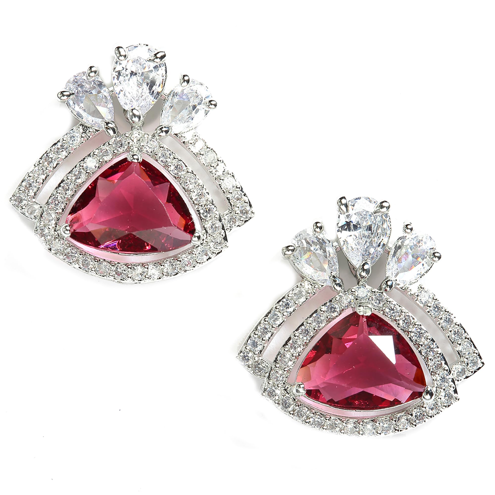 Zeneme Rhodium Plated American Diamond Studded Triangular Studs Earring Jewellery For Women and Girls (Red)