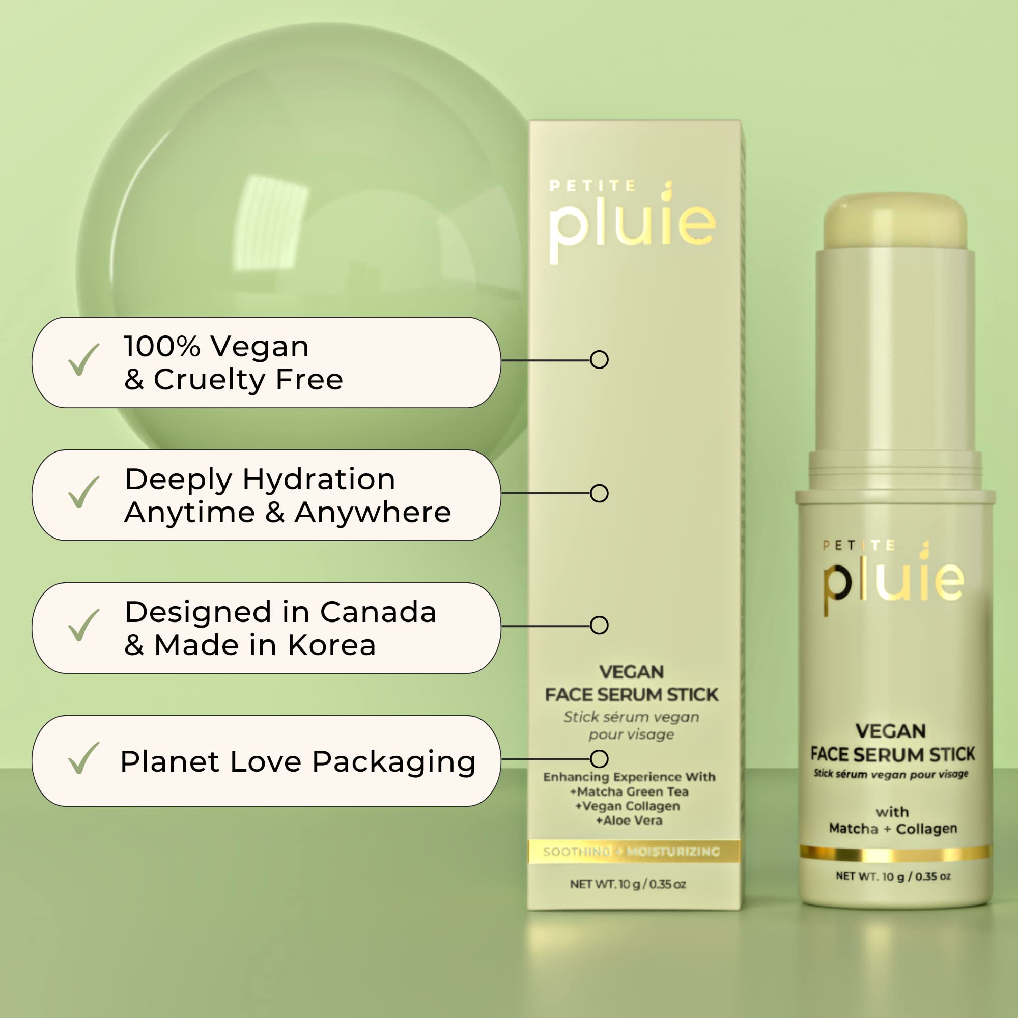 Petite Pluie Vegan Face Serum Stick (0.35 Oz) With Green Tea, Collagen, And Niacinamide For Anti-Aging & Moisturizing Balm Stick