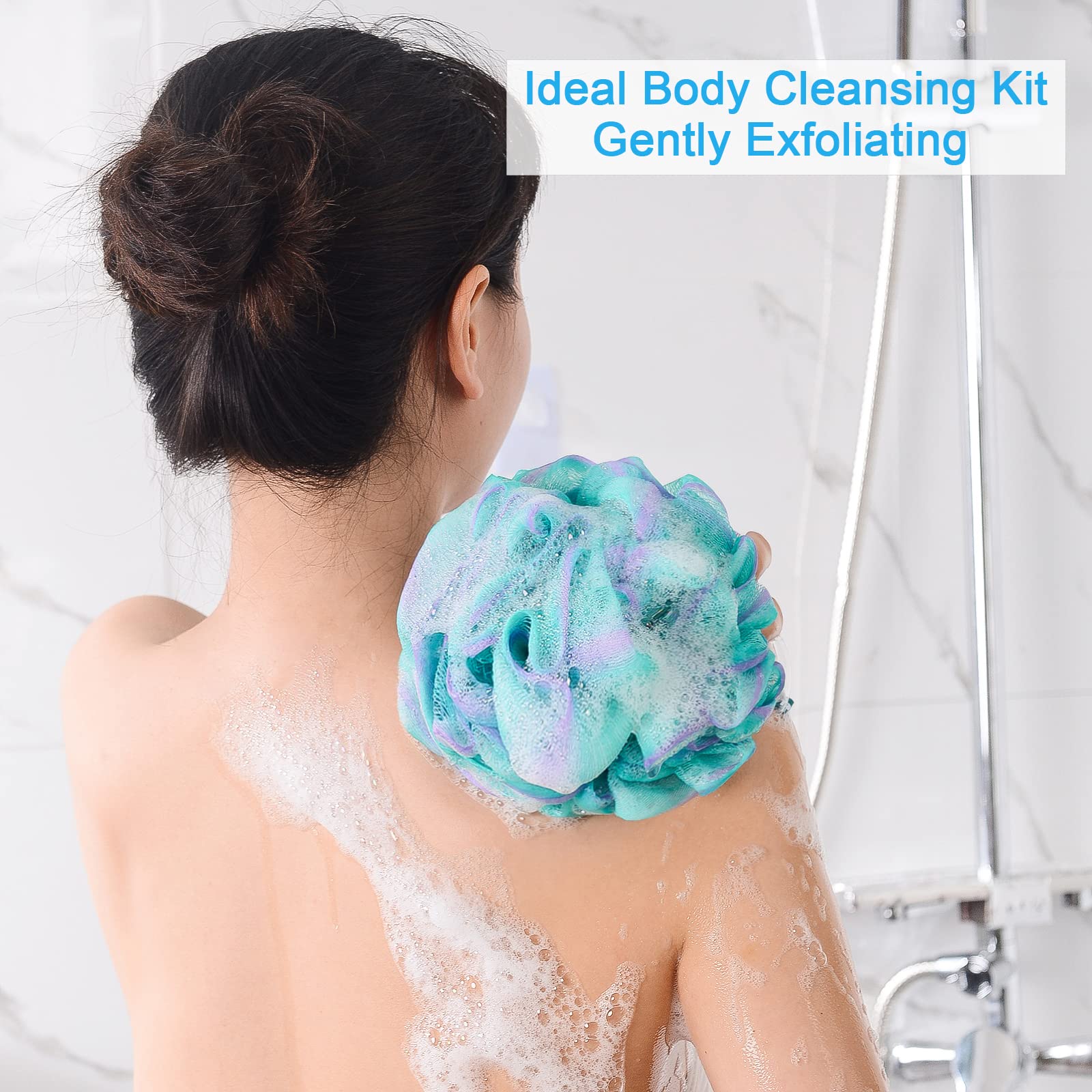 Amazerbath Loofah Sponge 75G/Piece, Exfoliating Bath Sponge Body Scrubber - Loofa Set Of 4 Flower Color (Large, Green-Purple)