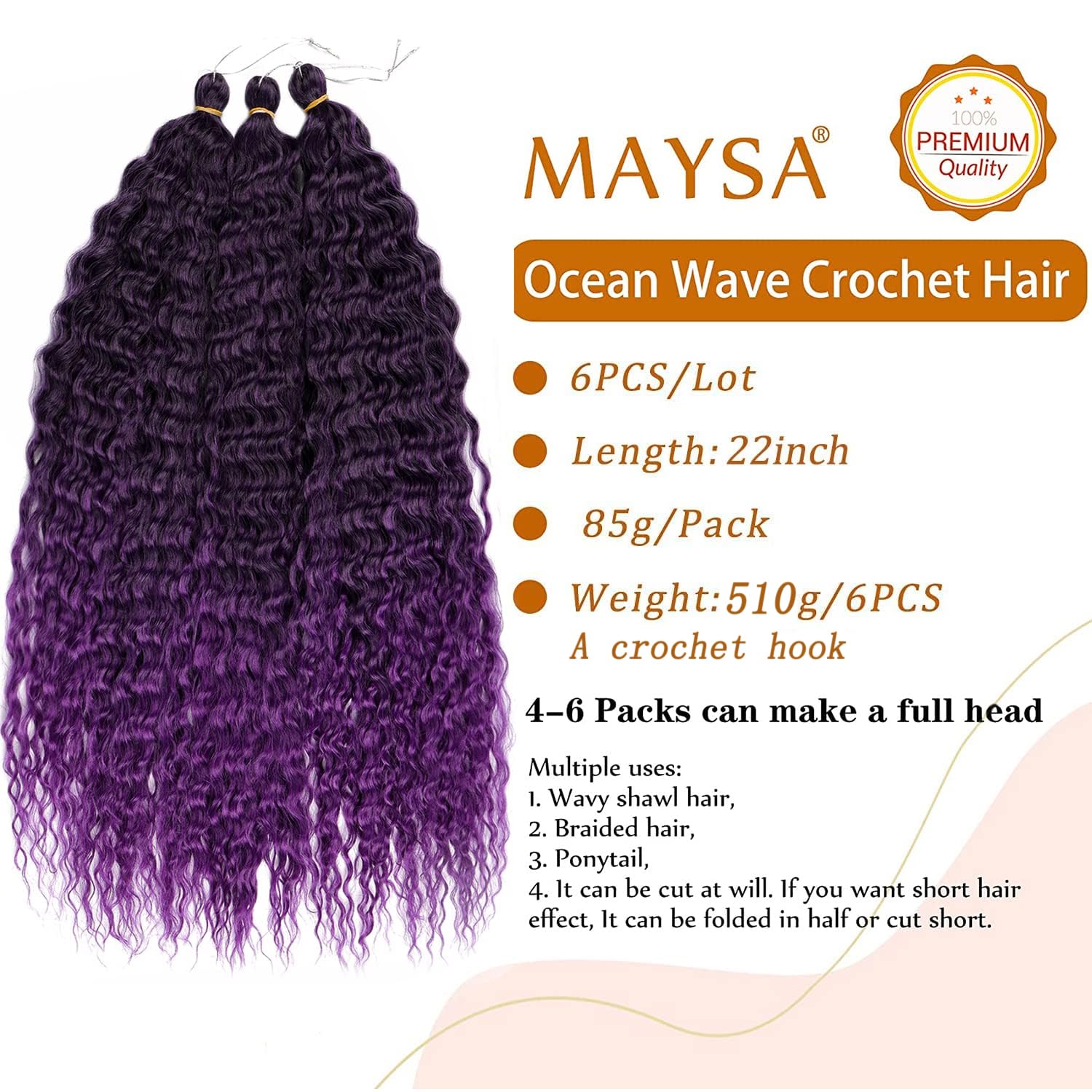 MAYSA Purple Ocean Wave Crochet Hair 22inch Black Mix Purple Ombre Deep Wave Crochet Hair 6Packs Synthetic Curly Crochet Hair #1