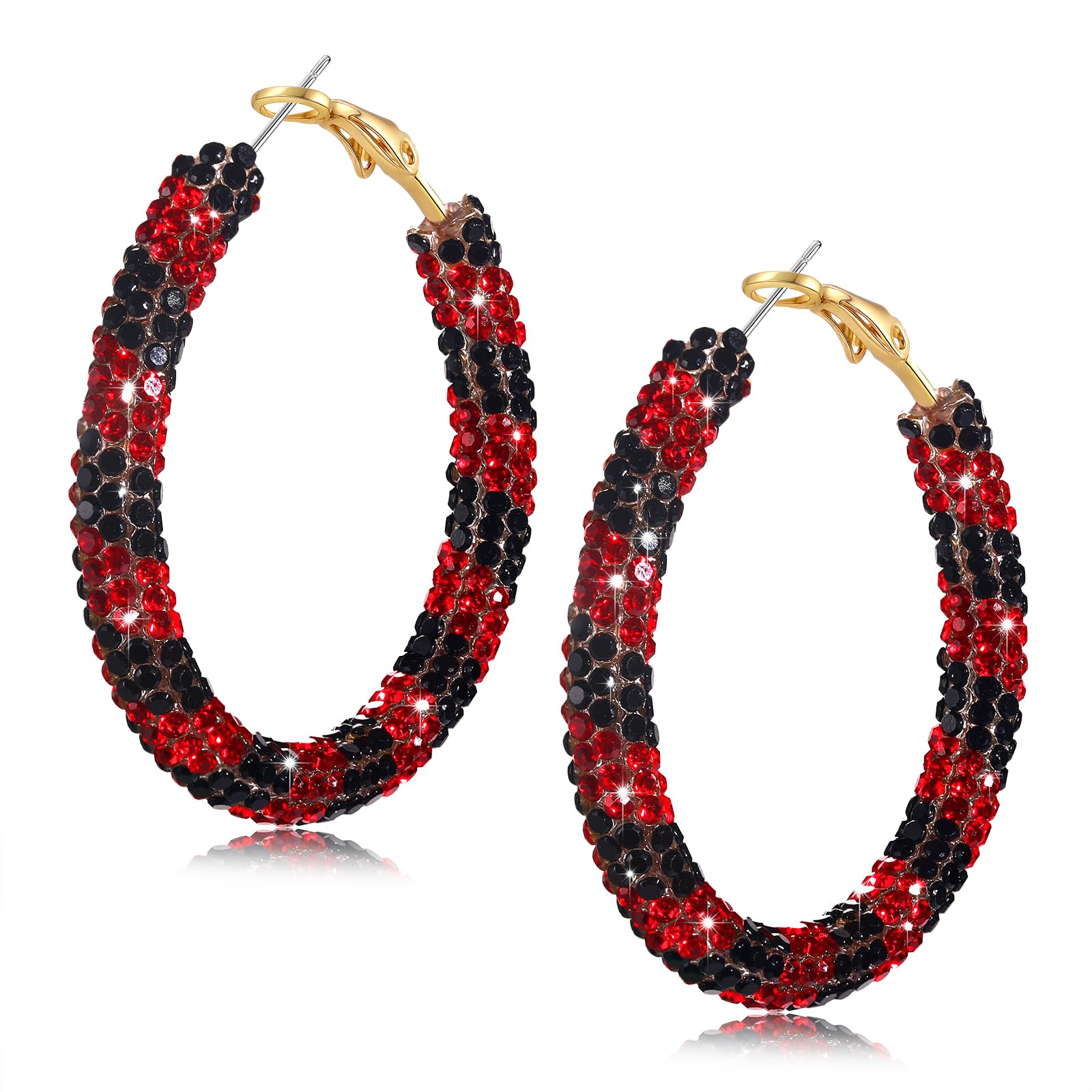 NLCAC Glitter Hoop Earrings Game Day Earrings Red Black Team Jewelry Football Accessories Sparkle Resin Rhinestone Wrapped Hoop 
