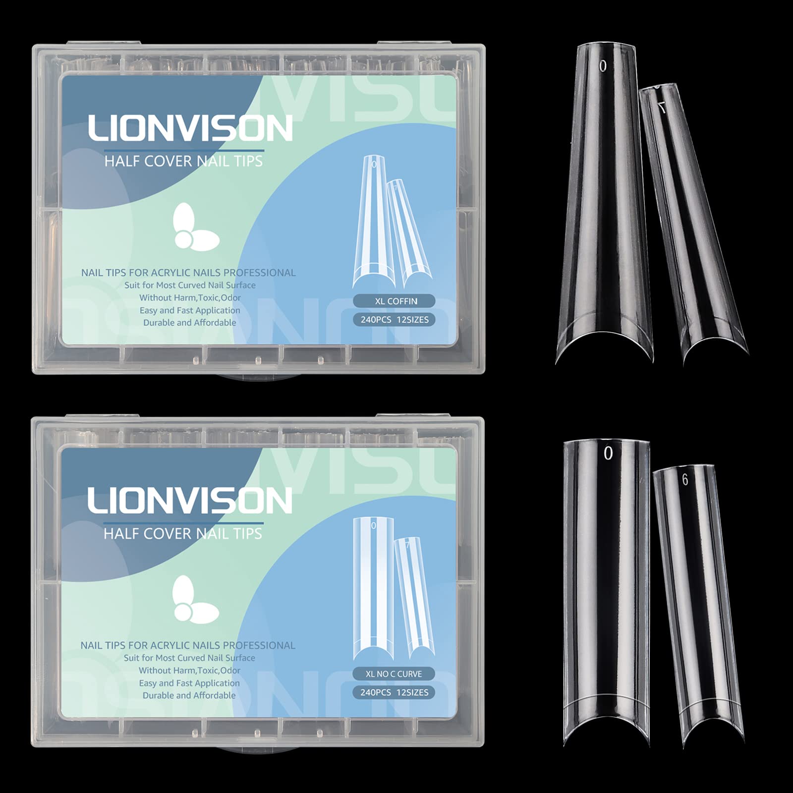 480Pcs Xl Long Clear Nail Tips, 240Pcs Coffin Nails Tips With 240Pcs No C Curve Square Nail Tips For Acrylic Nails Professional,
