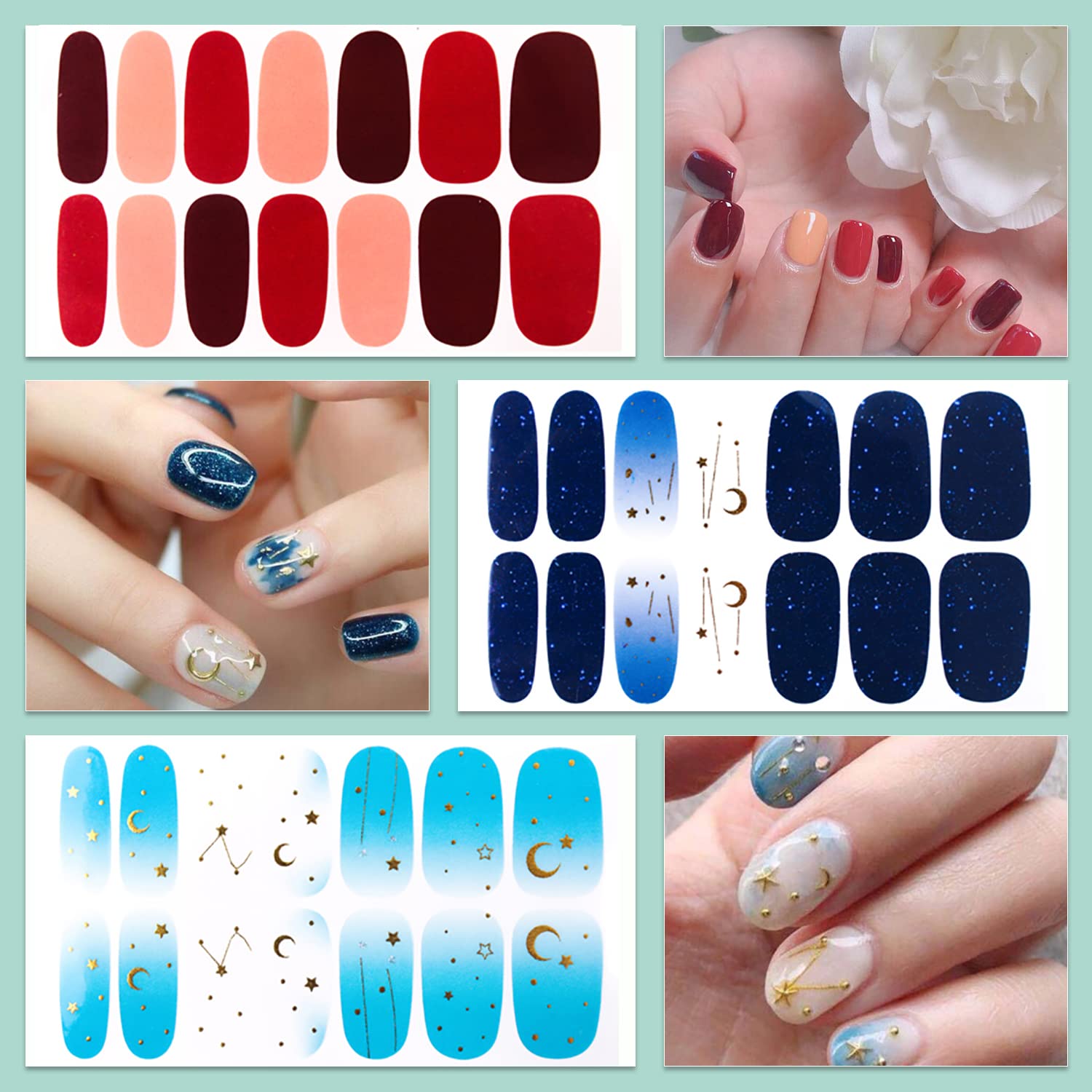 WOKOTO 20 Sheets Moon Stars Nail Polish Strips Gradient Nail Stickers Full Nail Wraps for Women Nail Polish Stickers Gel Nail St