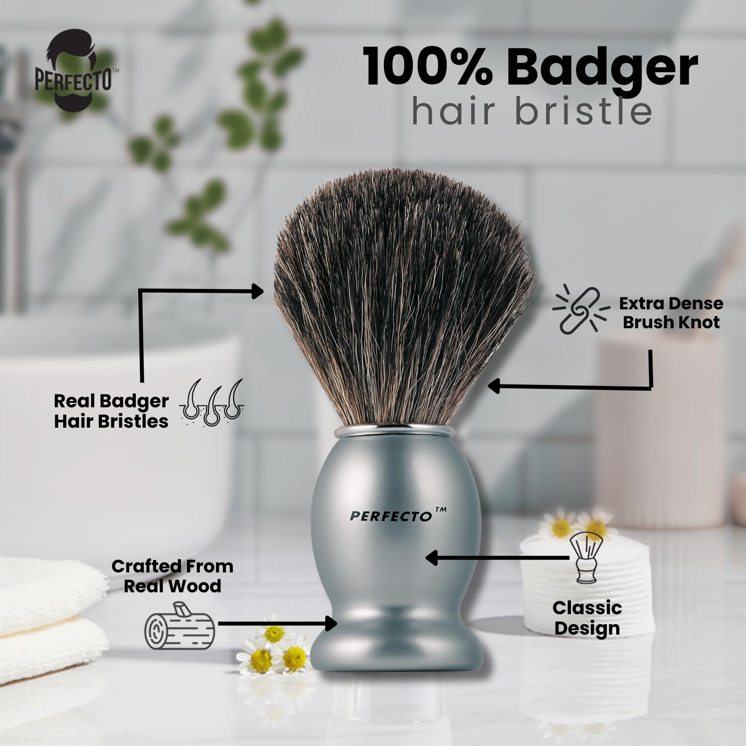 Perfecto 100% Original Pure Badger Shaving Brush, Engineered For The Best Gift For Him. All Methods, Safety Razor, Double Edge R