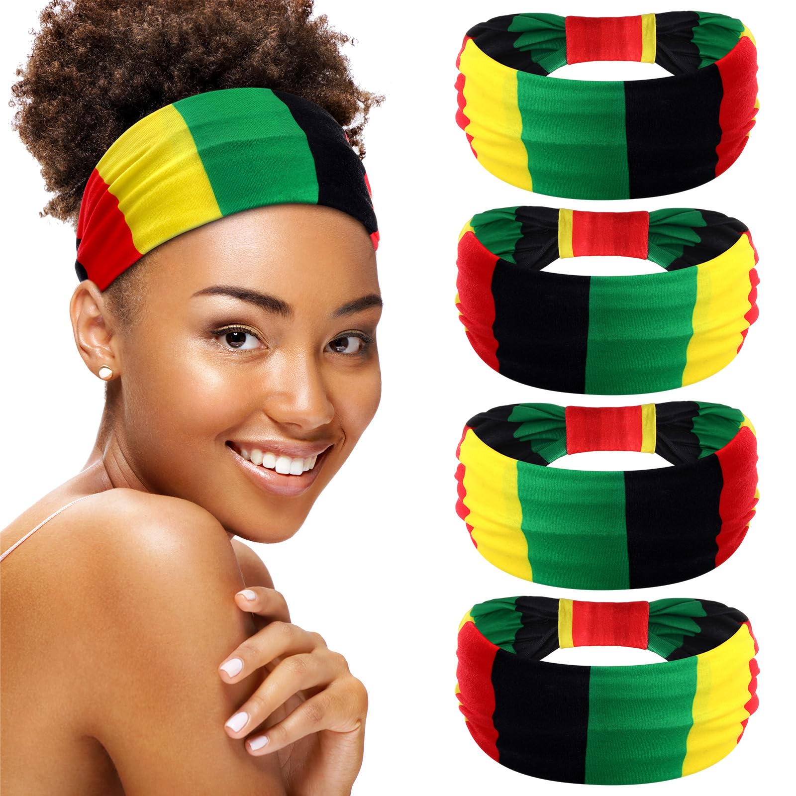 Hoteam 4 Pcs Juneteenth Headbands African Jamaica Rasta Juneteenth Knotted Elastic Headband Red Black Green African Turban for W