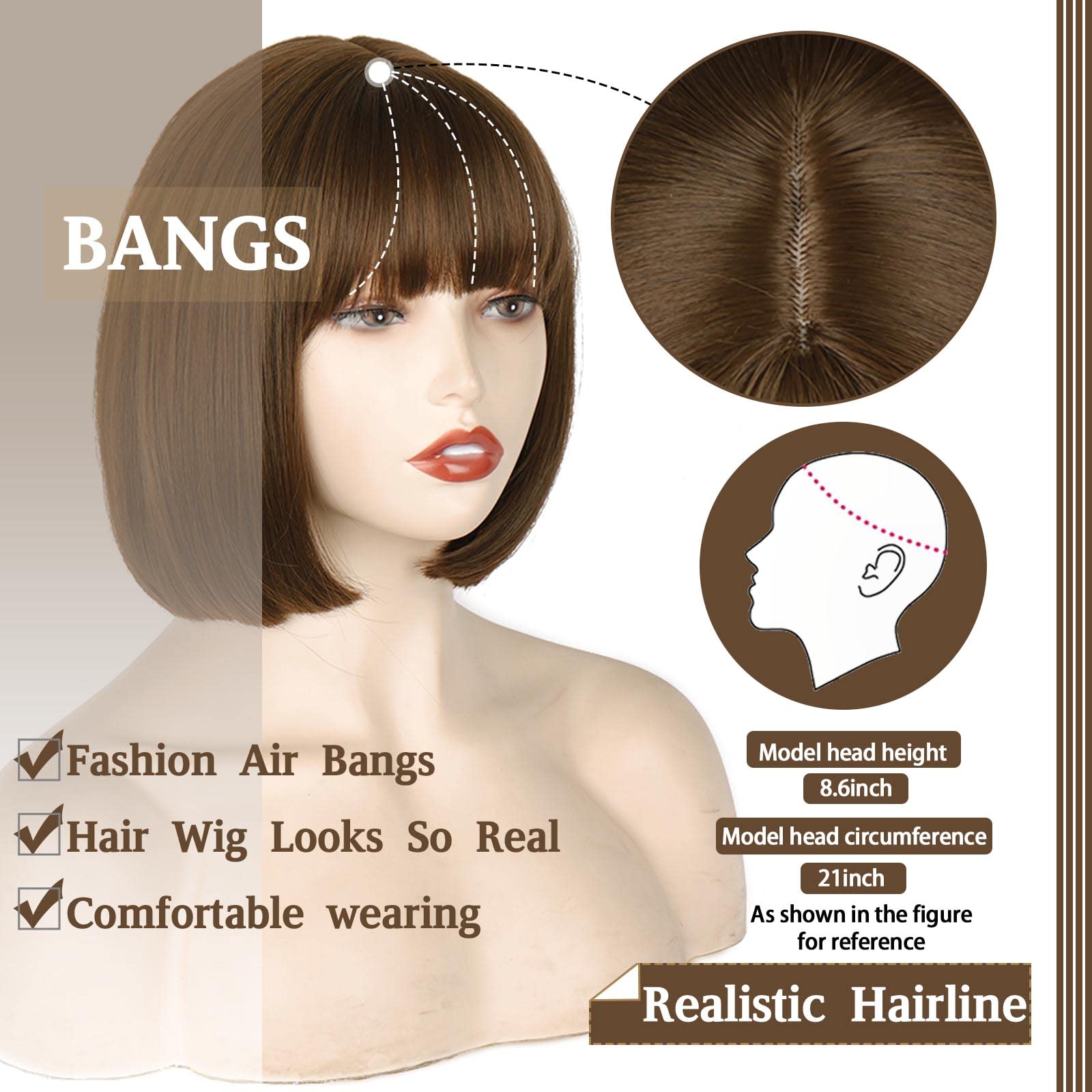 Werd Short Brown Bob Wig With Bangs,Brown Straight Bob Wig For Women,Brown Bob Wig Heat Resistant Fiber For Cospaly Velma