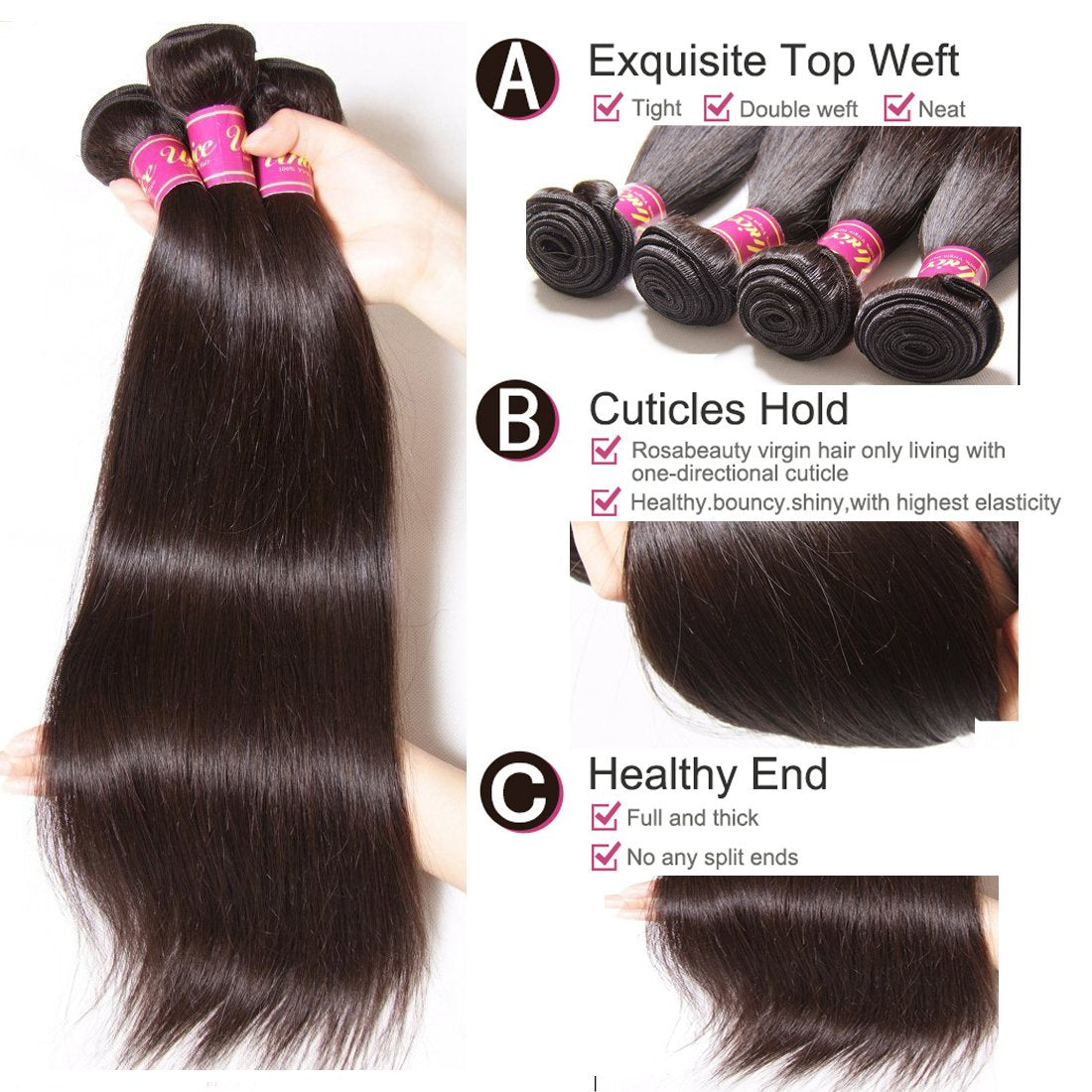 Unice 10A Straight Human Hair Weave 4 Bundles 30 30 30 30Inch, Malaysian Virgin Unprocessed Human Hair Wefts Hair Extensions Nat