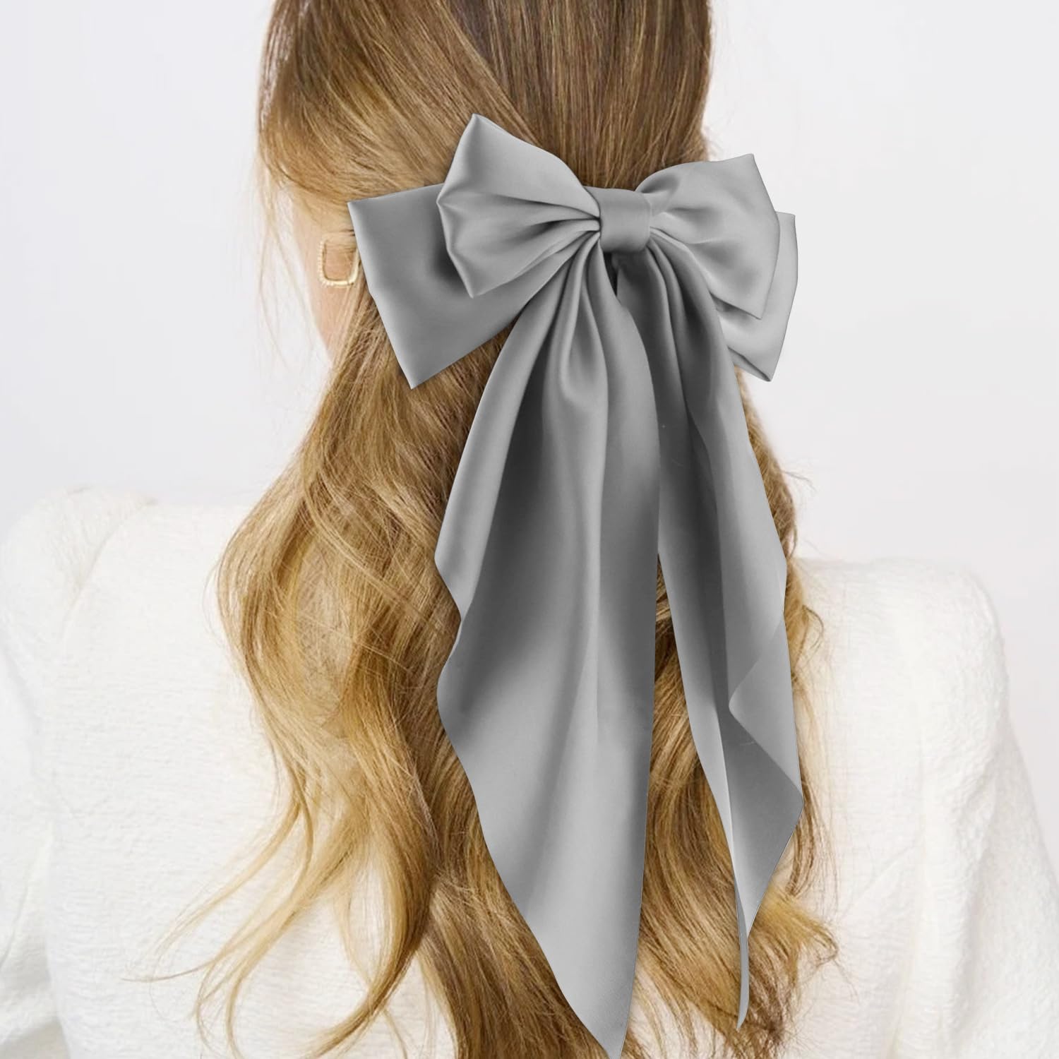Atoden Oversized Long Tail Hair Accessories - Silky Satin Bowknot Barrettes With Metal Clips For Women In Beige, Grey, Khaki, An