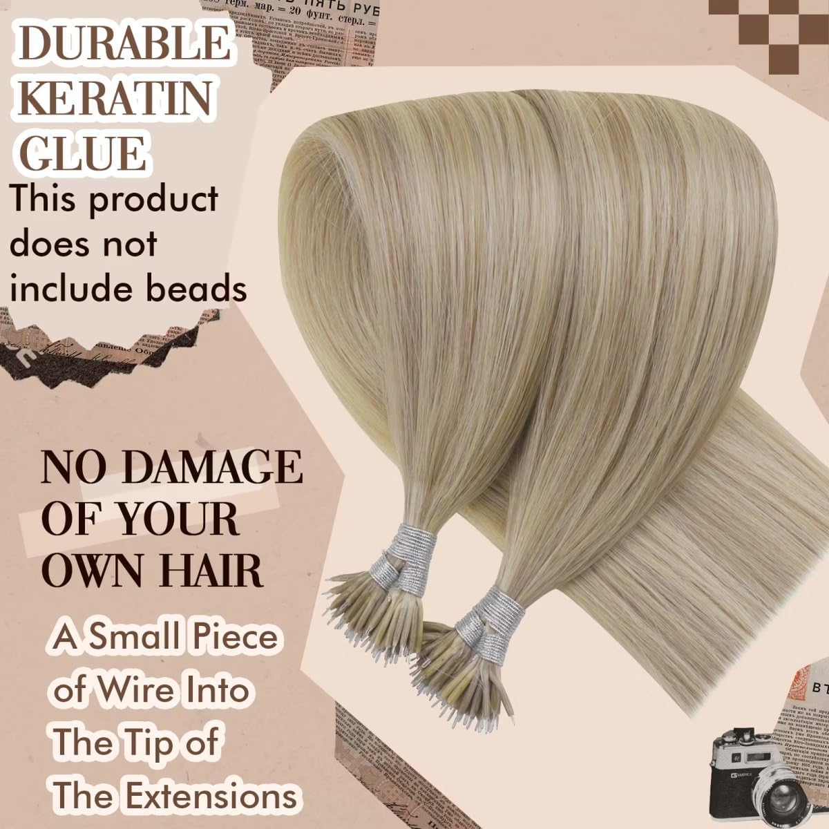 Hetto Nano Link Hair Extensions Human Hair #17/23 Ash Blonde Mixed Medium Blonde Nano Beads Human Hair Extensions 18 Inch Real H