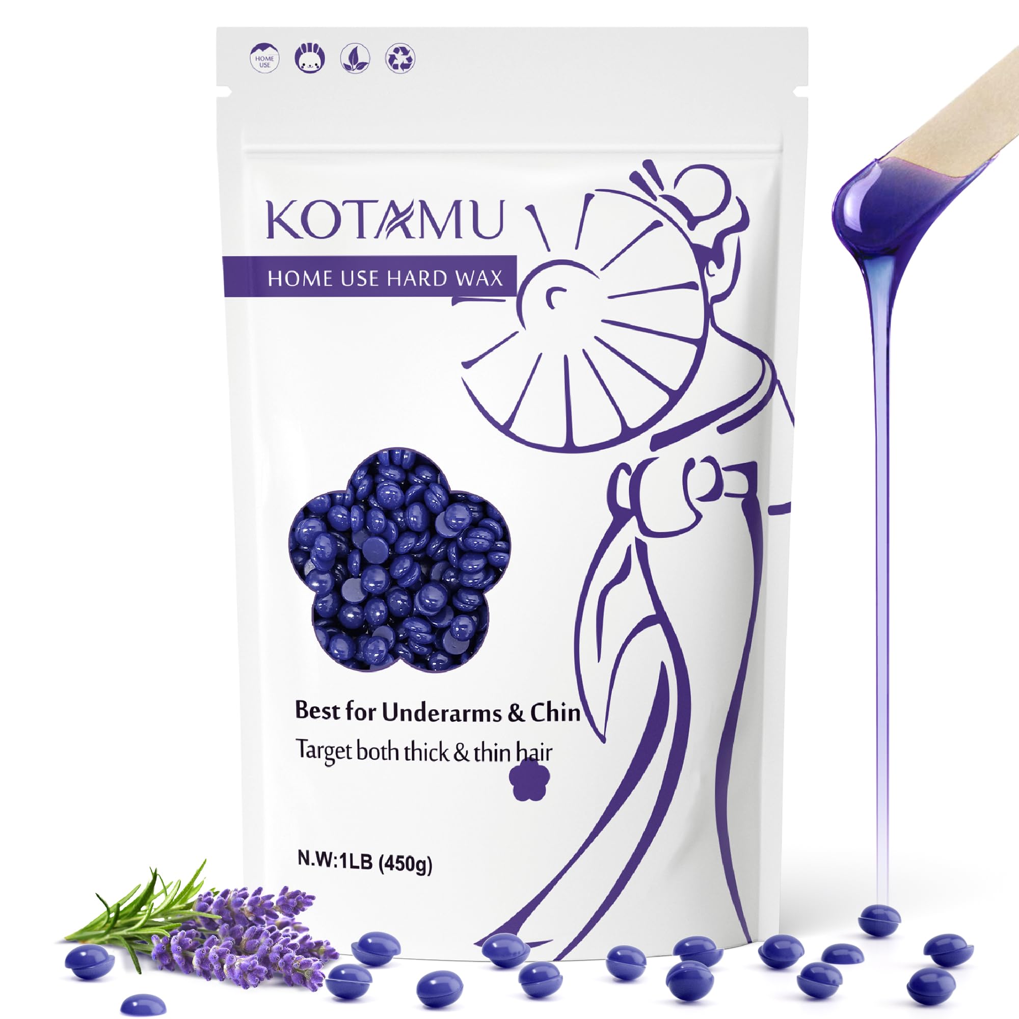 KOTAMU Wax Beads for Hair Removal, 1lb Lavender Hard Wax Beans for Sensitive Skin, Facial, Chin, Underarms, Brazilian Bikini Fac