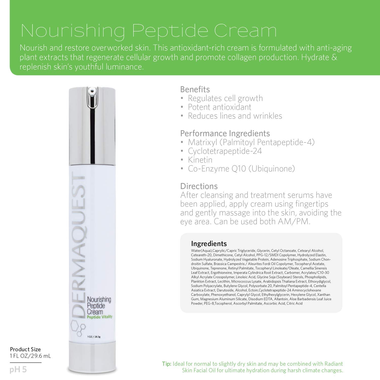 DermaQuest Peptide Vitality Nourishing Peptide Cream - Anti Aging, Hydrating, Face Moisturizer Reduces Wrinkles & Fine Lines - F