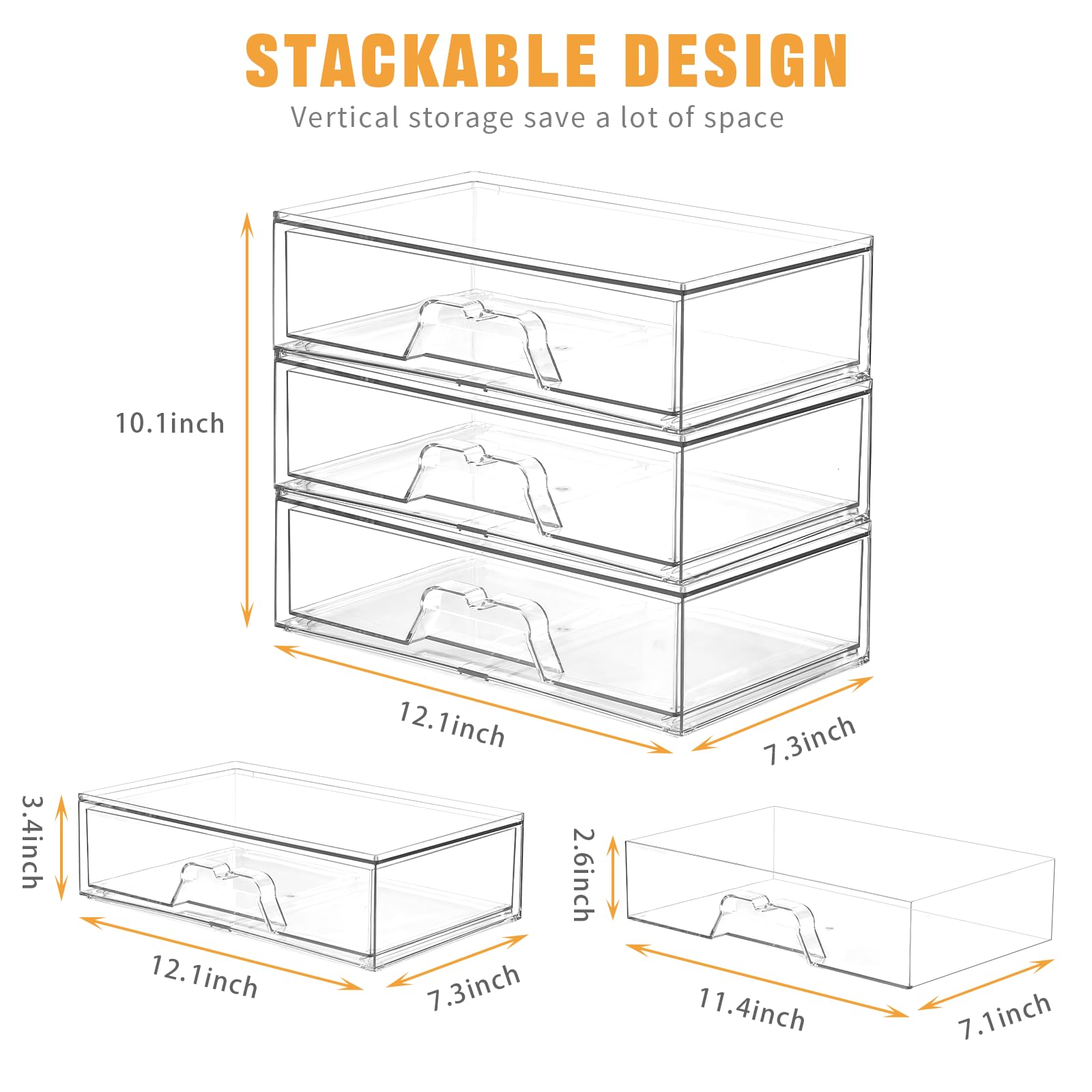 3 Pack Stackable Makeup Organizer, 12.1''L Acrylic Bathroom Organizer and Storage Undersink Drawer, Cosmetics and Beauty Supplie