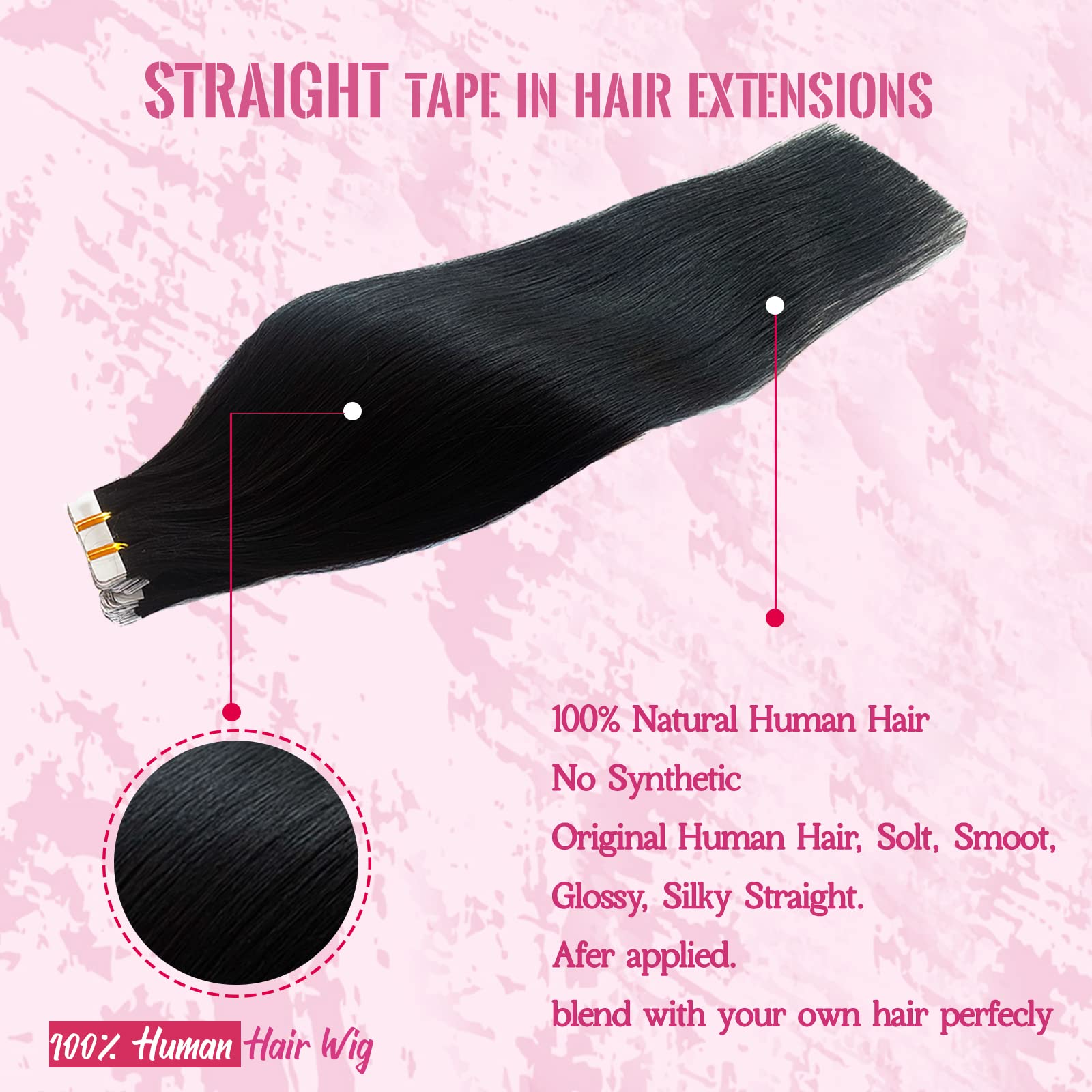 Black Tape In Human Hair Extensions Tape Ins For Women,Silky Straight Real Human Hair Tape In Extensions 50Grams 20Pcs Double Si
