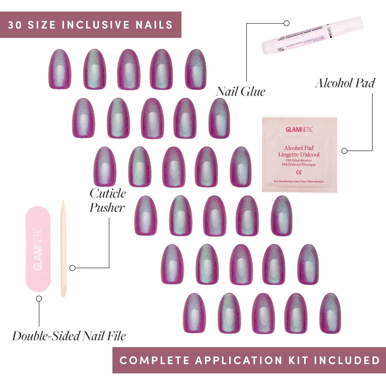 Glamnetic Press On Nails - Berry Fizz | Short Oval, Magenta Nails With A Mesmerizing Metallic Finish | 15 Sizes - 30 Nail Kit Wi