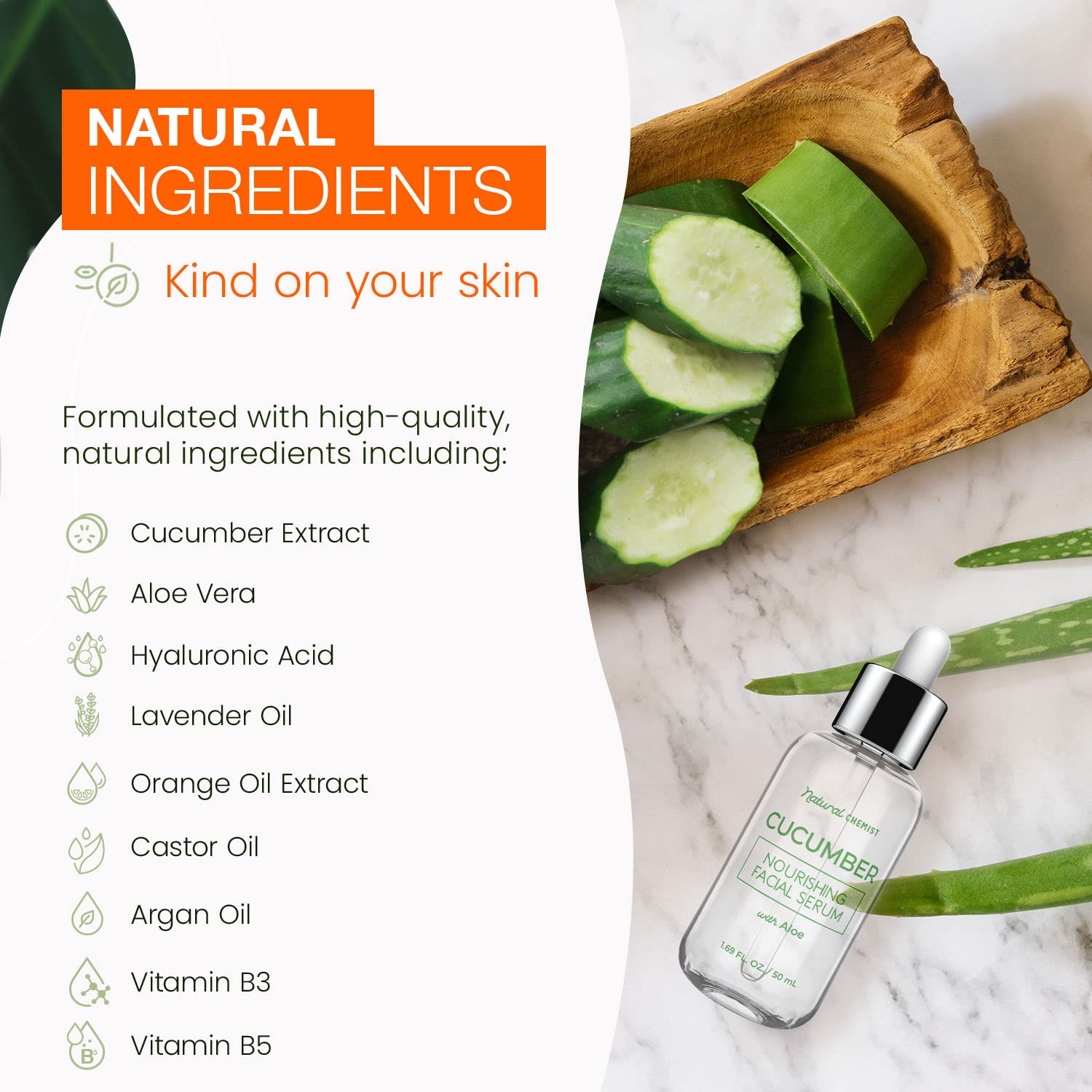 Natural Chemist Cucumber & Aloe Face Serum - Dermatologist Tested - Reduces Redness, Hydrates & Moisturizes Dry Skin, Soothing F