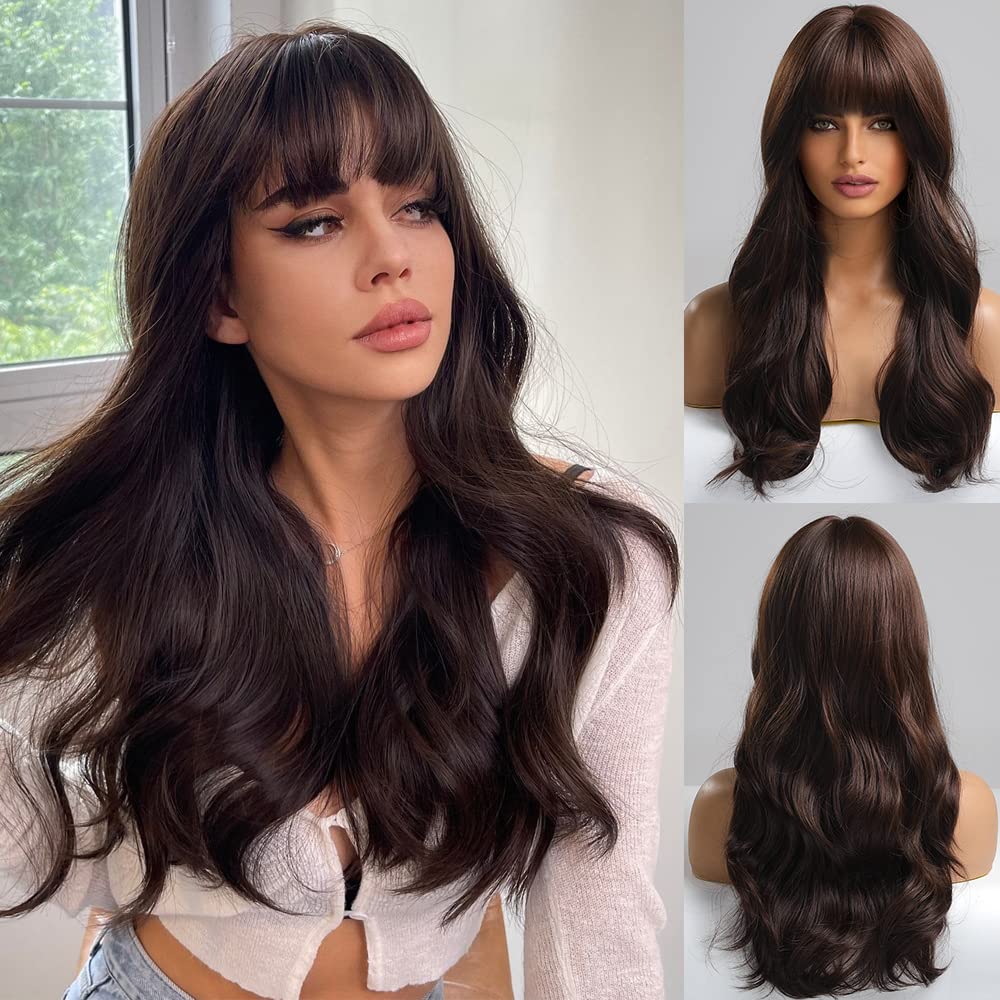 EMMOR Brown Wig with Bangs Long Body Wave Wig for Women Heat Resistant Synthetic Wigs Natural Looking