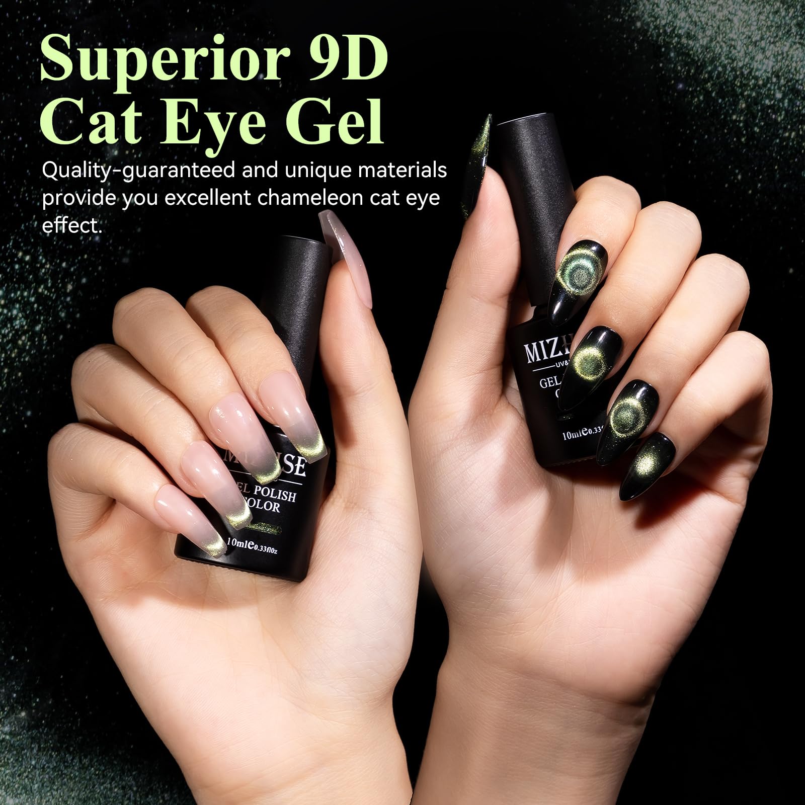 Mizhse 9D Cat Eye Gel Nail Polish, Light Green Magnetic Gel Polish With Magnet Stick, Magic Galaxy Effect Holographic Glitter Si