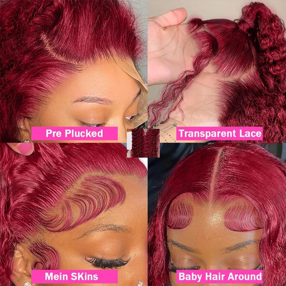 Burgundy Lace Front Wigs Human Hair 180% Density 13X4 Water Curly Lace Front Wigs Human Hair Pre Plucked Glueless Wigs Human Hai