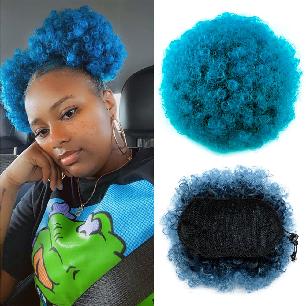 Yinmei Baibian Ombre Blue Afro Puff Drawstring Ponytail Short Ponytail High Puff Bun Hair Piece Kinky Curly Clip in on Updo Hair