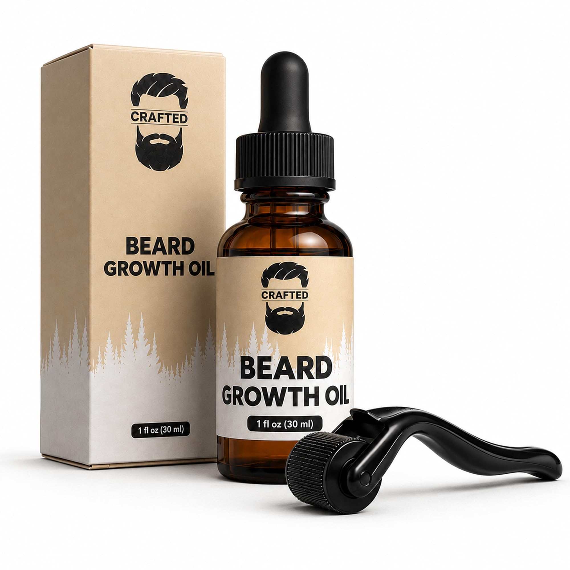 Crafted Beard Growth Kit  Grow a Thicker, Fuller Beard  Complete 3Month Set with Oils, Roller, and Vitamins (1 Month Kit)