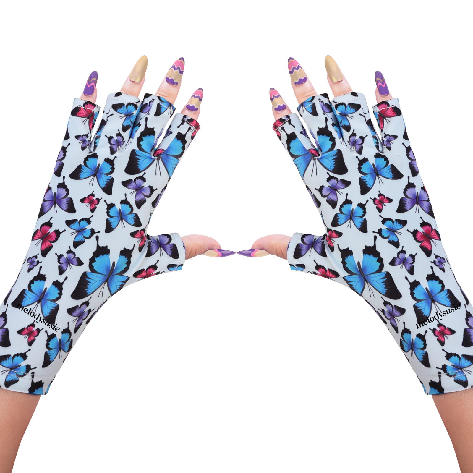 MelodySusie UV Gloves for Nails, UV Lamp Gloves for Manicures Protection, Colorful Butterfly Gel Manicure Gloves, Nail Art Skin 