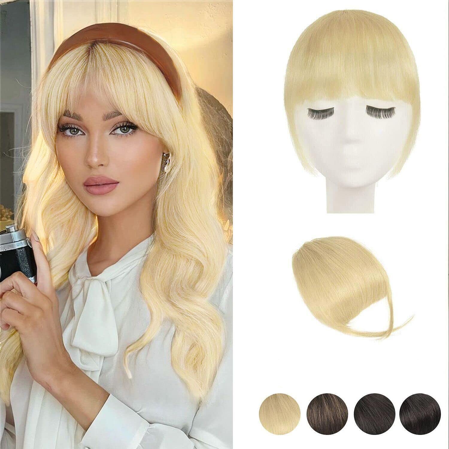 Clip in Bangs, BARSDAR 100% Human Hair Bangs Extensions French Thick Blonde Bangs with Temples Clip on Fringe Real Hair Bangs Cl
