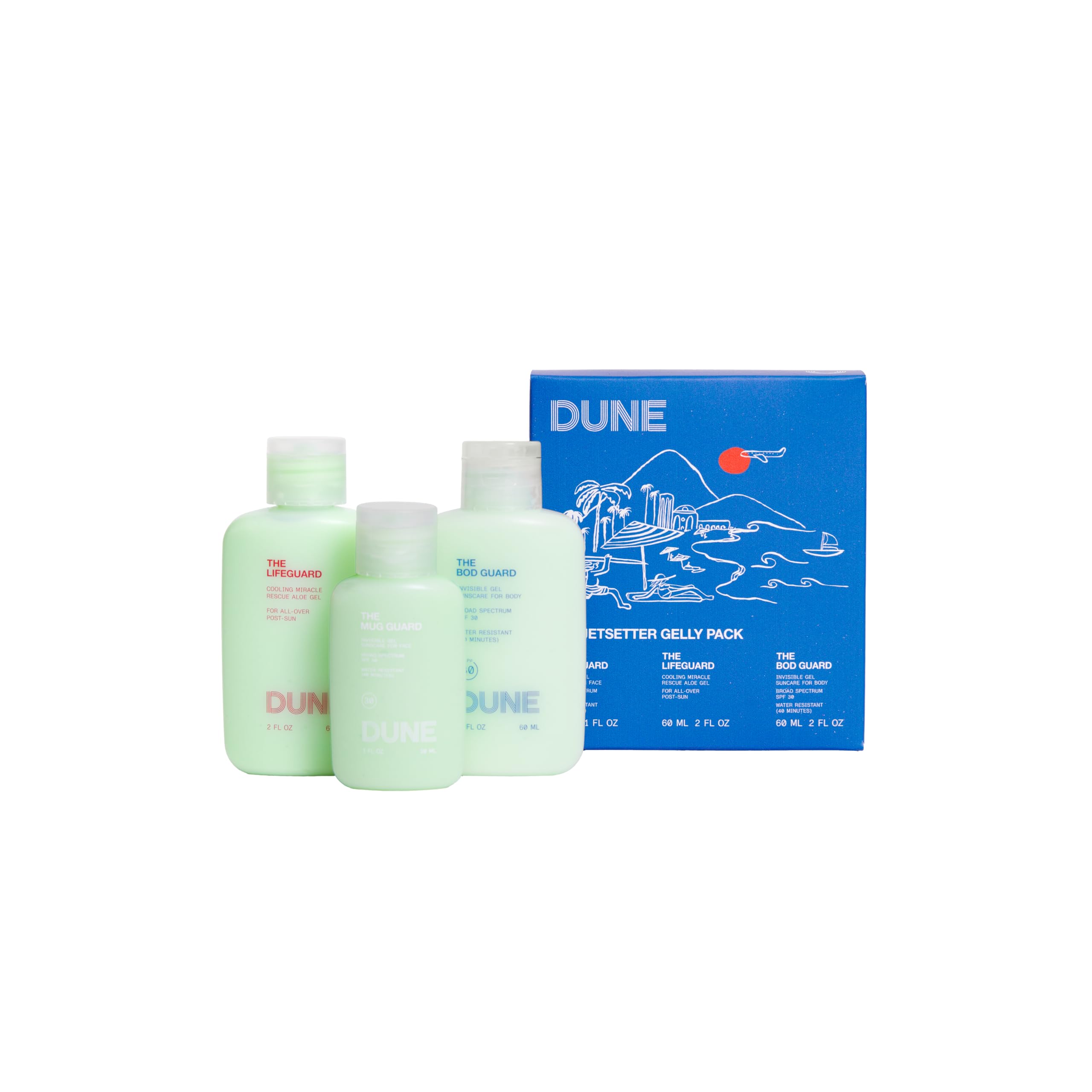 DUNE Suncare Jetsetter Gelly Pack Mini Travel Set - 7x Award-Winning Dermatologist Recommended Clear Gel Suncare for Face and Bo