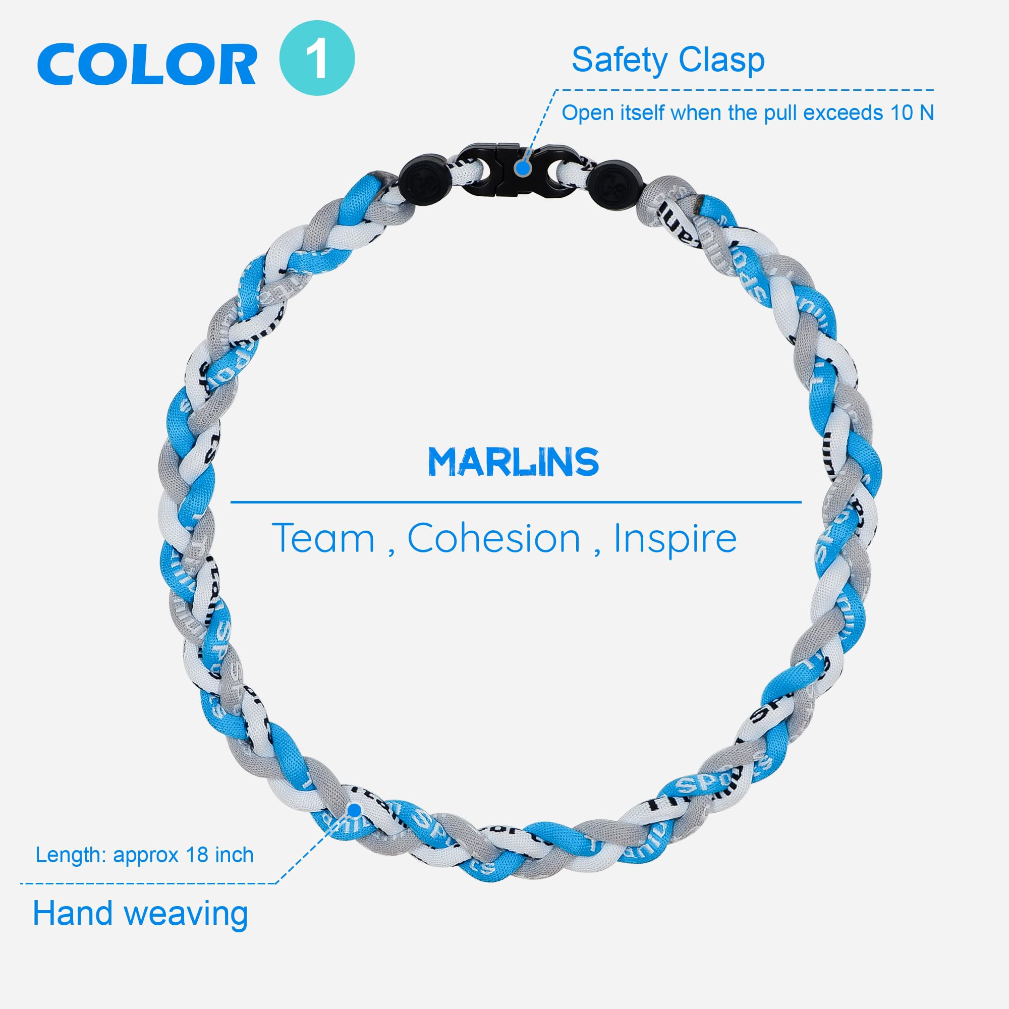 SUPBOMM 3 pcs Baseball Rope Necklaces, League Team Colors Braided Necklace, Baseball Team Gifts, Marlins