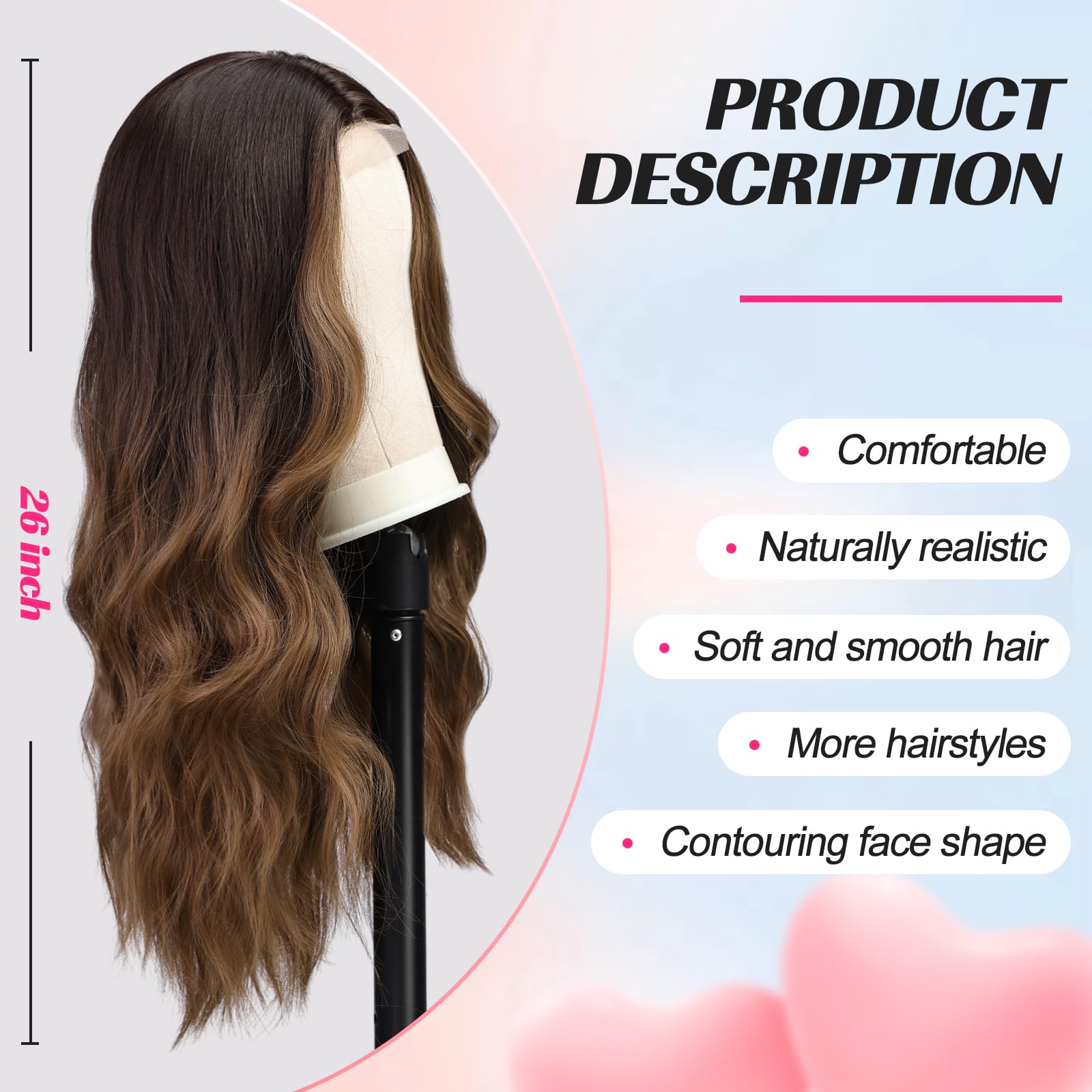Emmor Long Ombre Brown Wavy Wig For Women Lace Front Wigs Natural Looking 26 Inch Middle Part Curly Wig Heat Resistant Synthetic